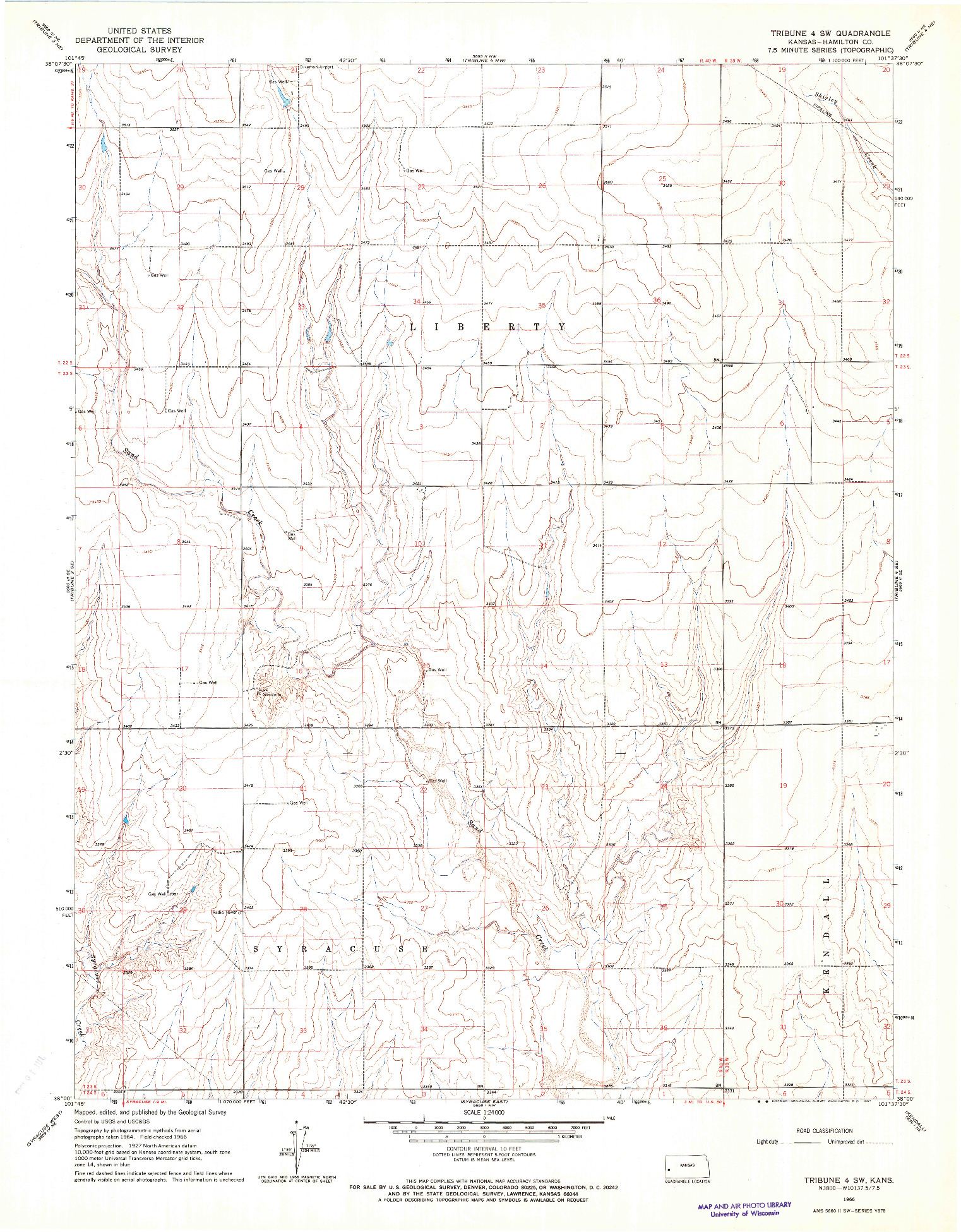 USGS 1:24000-SCALE QUADRANGLE FOR TRIBUNE 4 SW, KS 1966