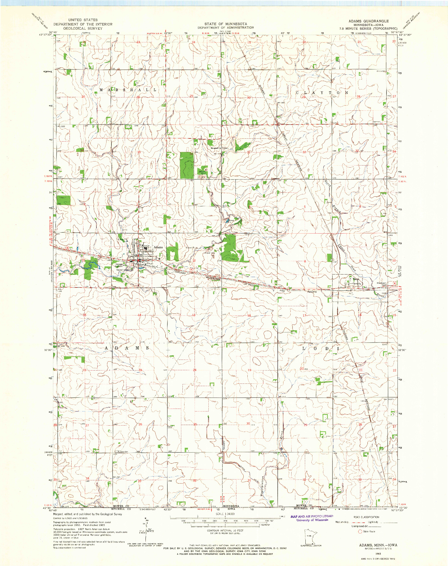 USGS 1:24000-SCALE QUADRANGLE FOR ADAMS, MN 1965