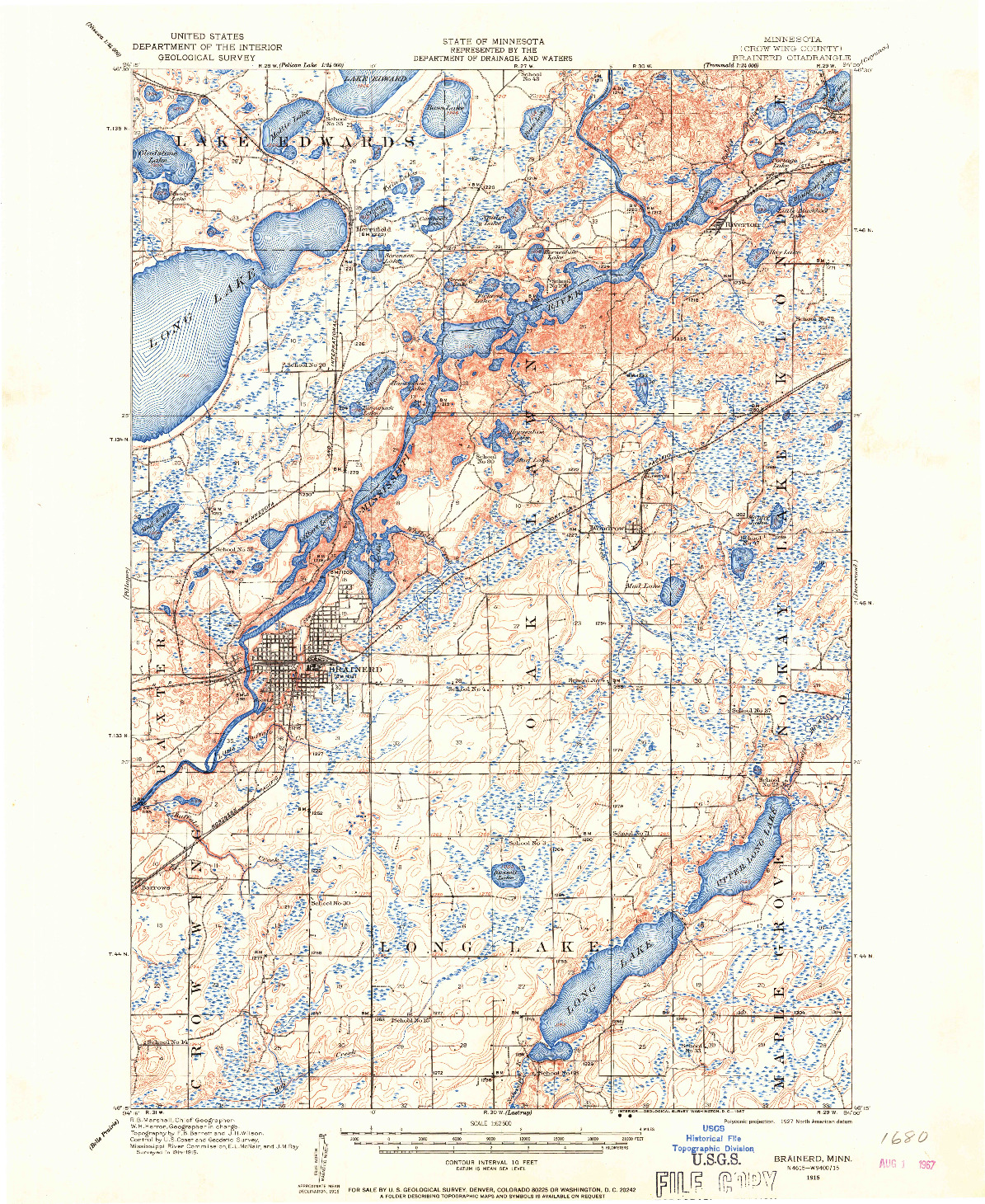 USGS 1:62500-SCALE QUADRANGLE FOR BRAINERD, MN 1915