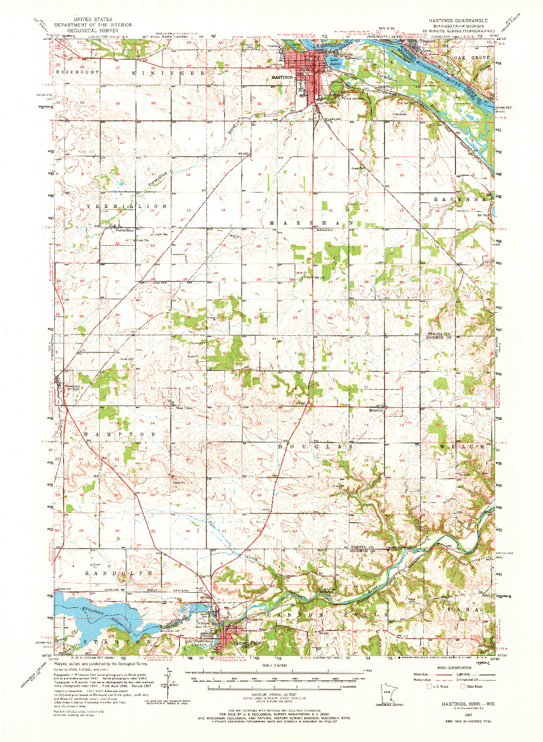 USGS 1:62500-SCALE QUADRANGLE FOR HASTINGS, MN 1957