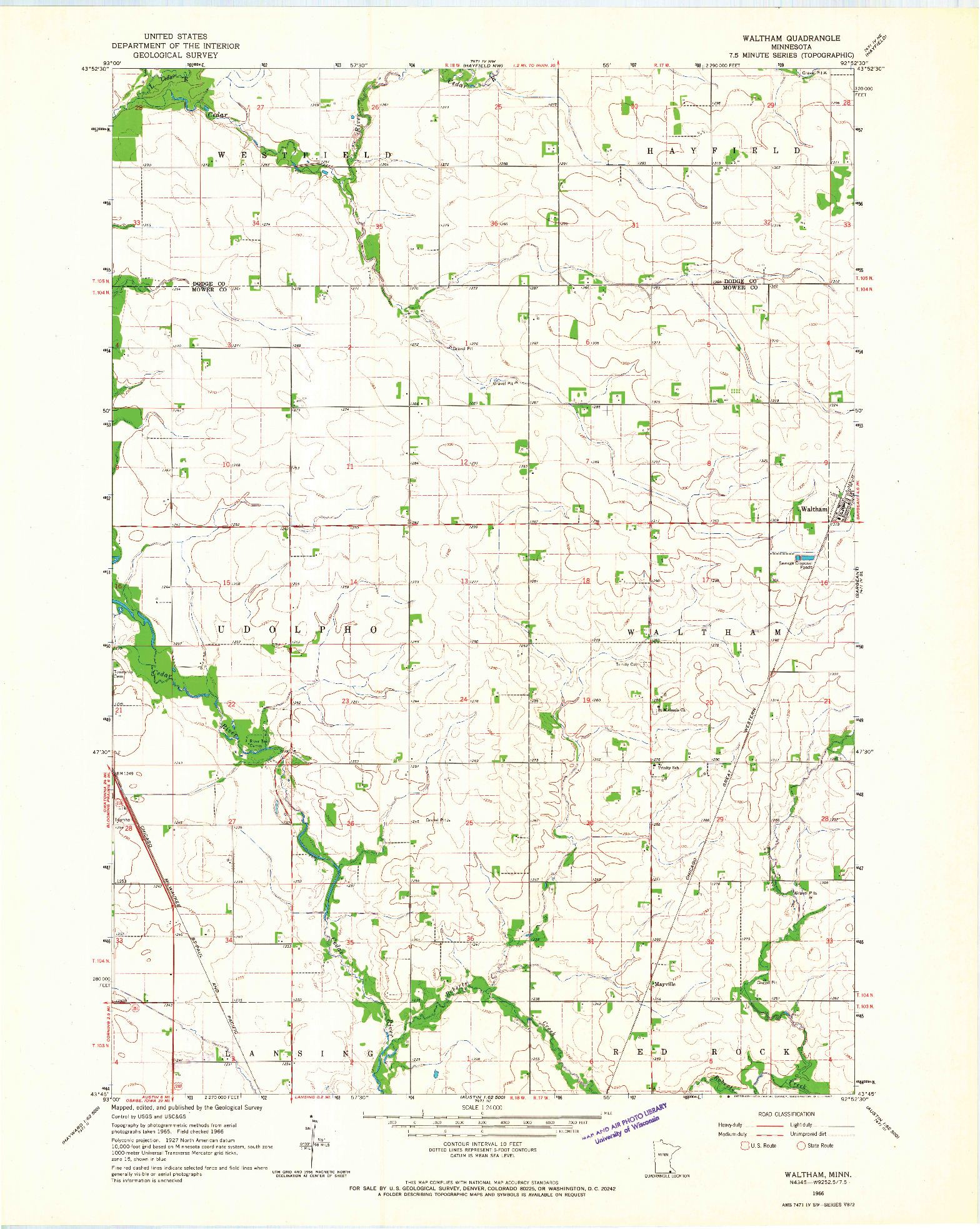 USGS 1:24000-SCALE QUADRANGLE FOR WALTHAM, MN 1966