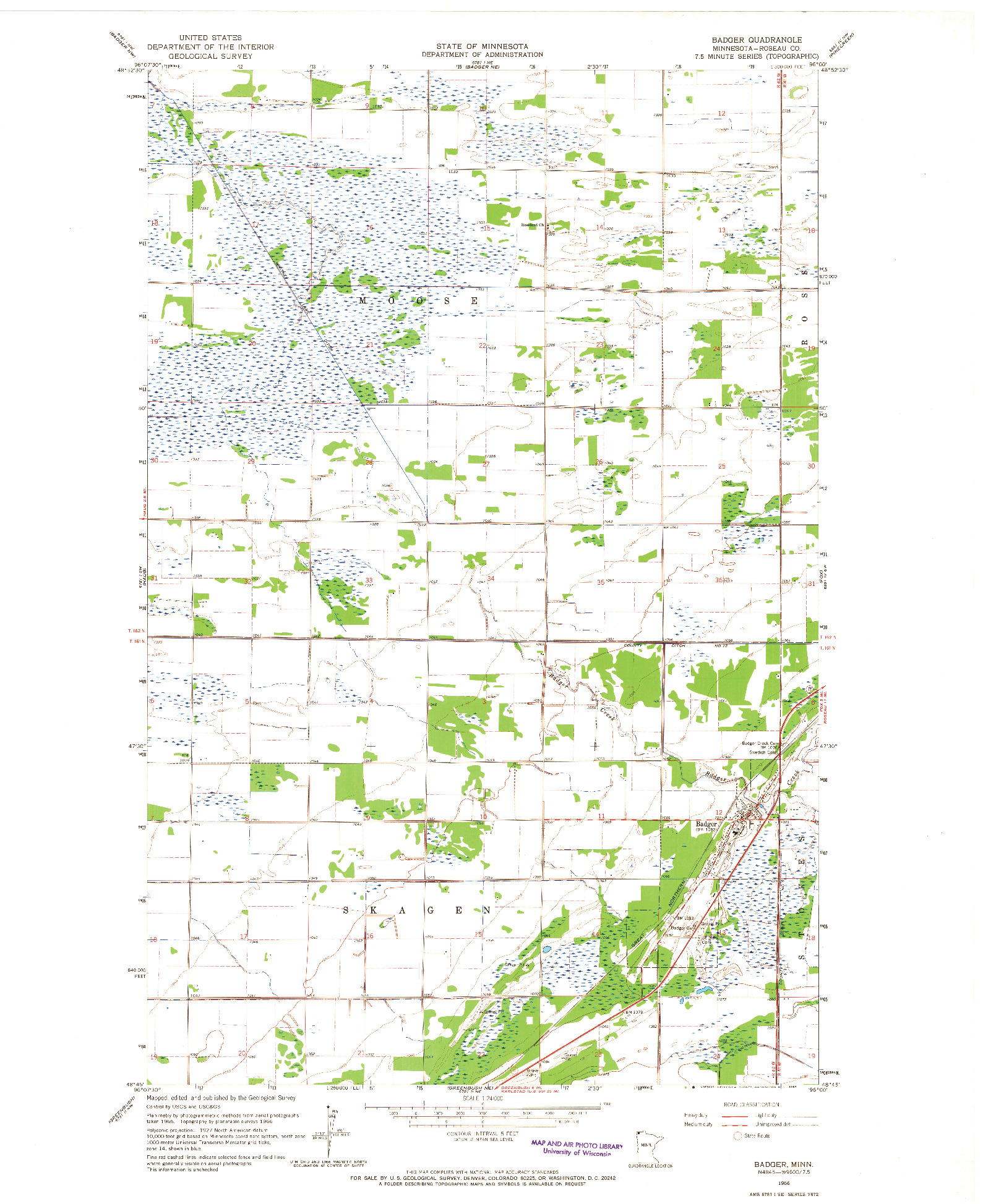 USGS 1:24000-SCALE QUADRANGLE FOR BADGER, MN 1966