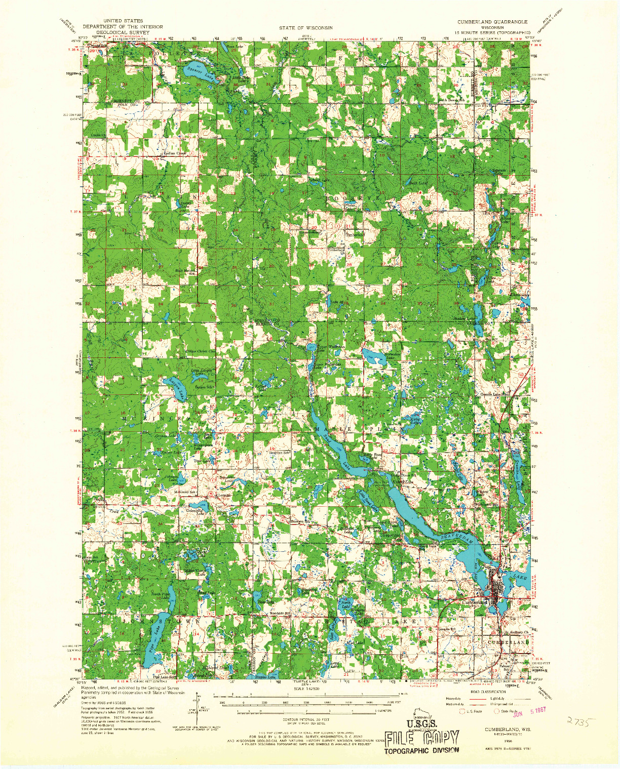 USGS 1:62500-SCALE QUADRANGLE FOR CUMBERLAND, WI 1956