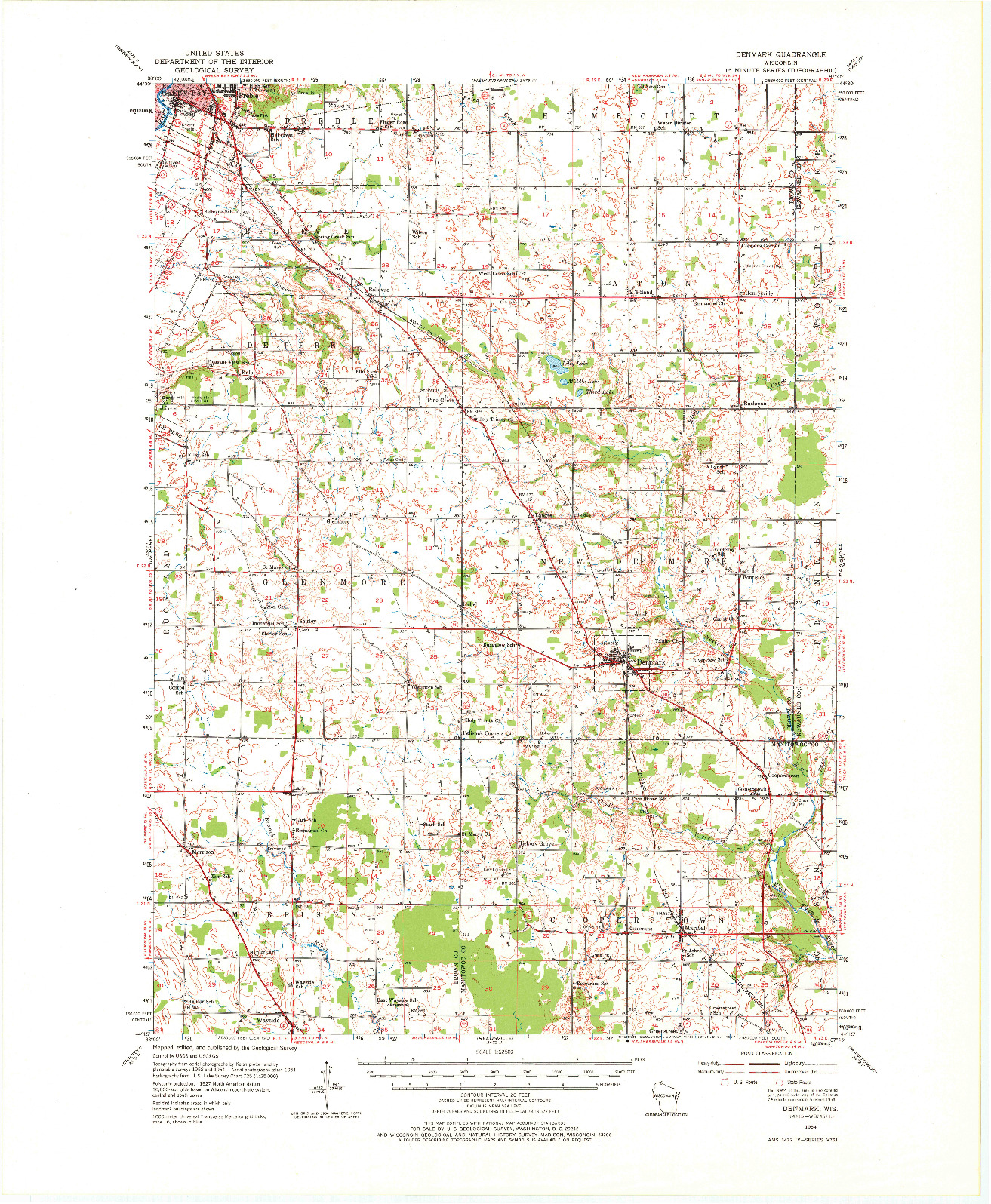 USGS 1:62500-SCALE QUADRANGLE FOR DENMARK, WI 1954