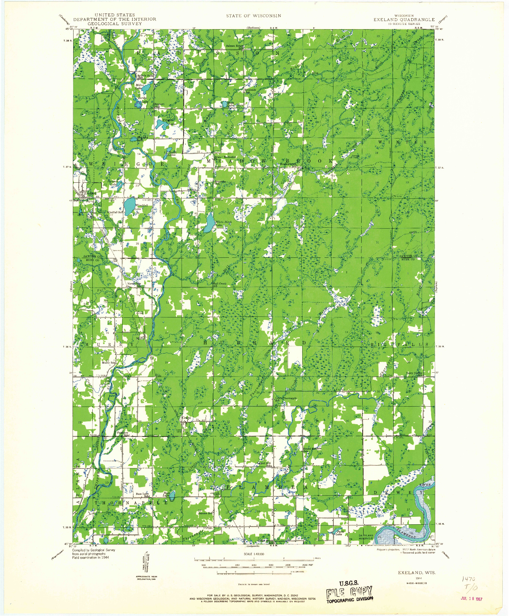 USGS 1:48000-SCALE QUADRANGLE FOR EXELAND, WI 1944