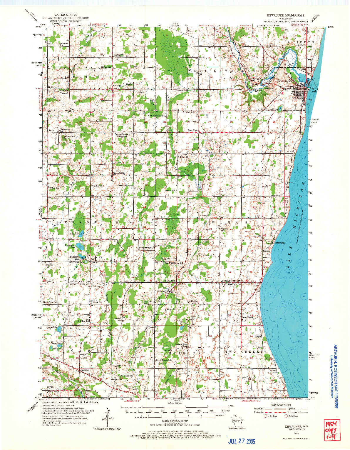 USGS 1:62500-SCALE QUADRANGLE FOR KEWAUNEE, WI 1954