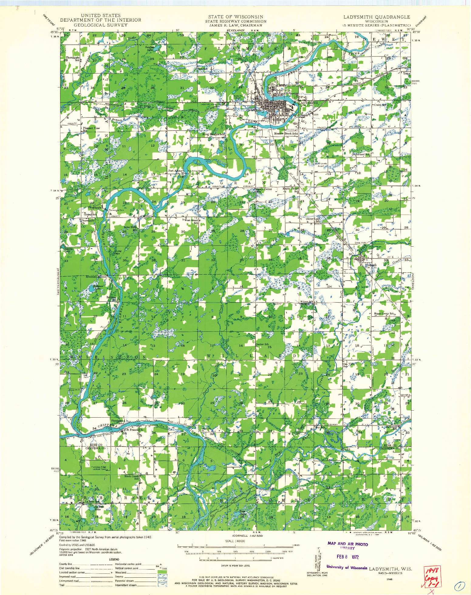 USGS 1:48000-SCALE QUADRANGLE FOR LADYSMITH, WI 1948