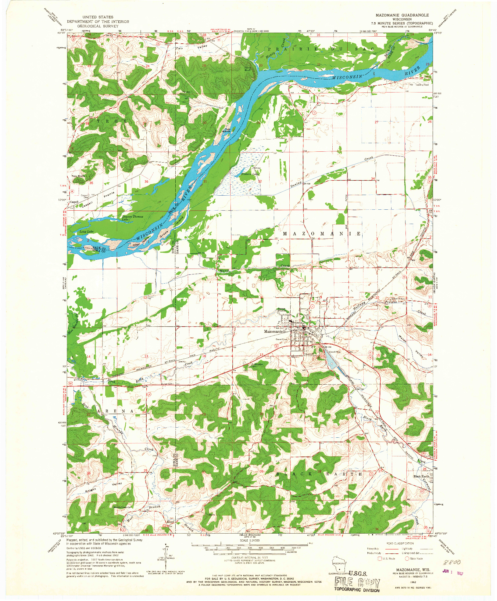 USGS 1:24000-SCALE QUADRANGLE FOR MAZOMANIE, WI 1962