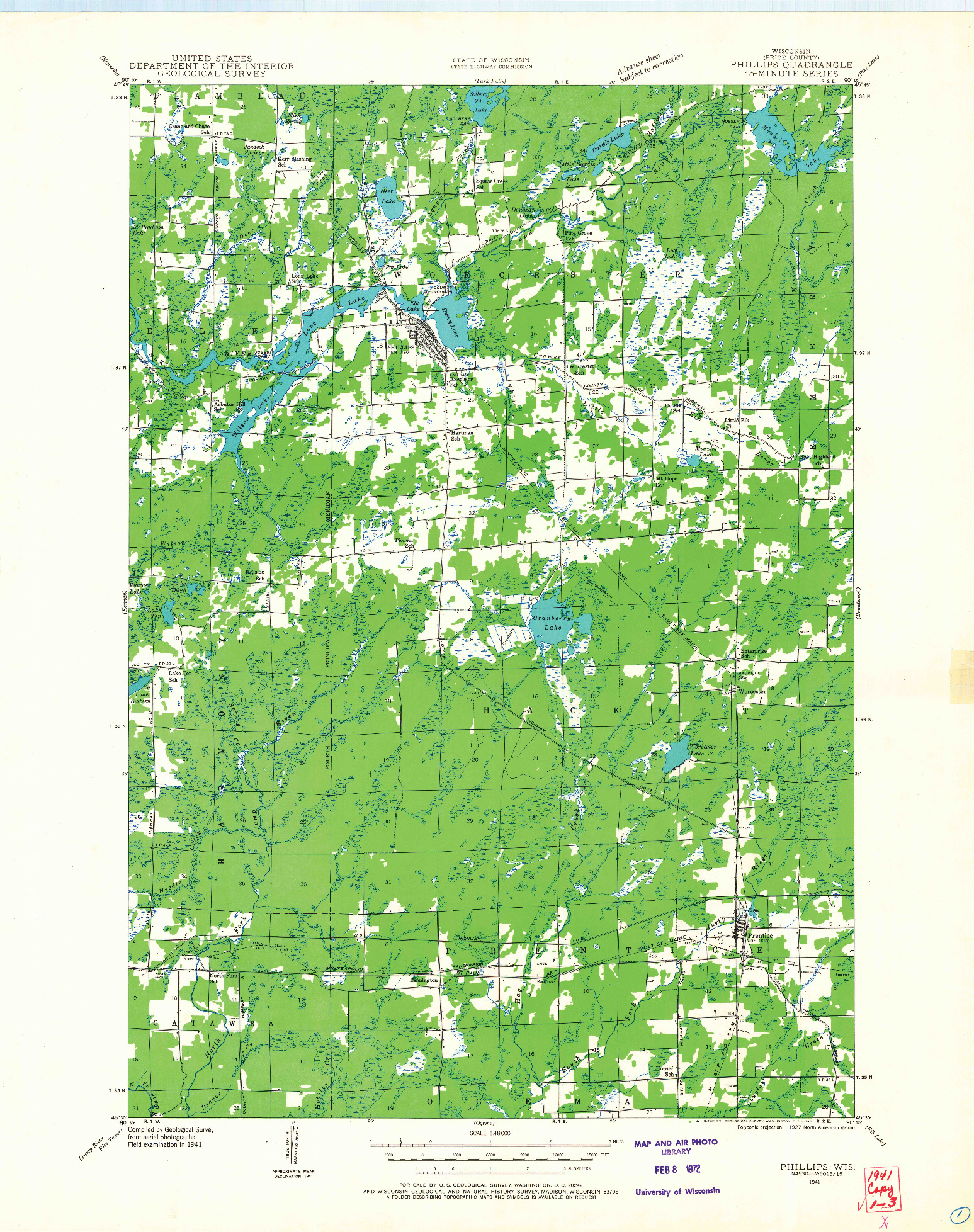 USGS 1:48000-SCALE QUADRANGLE FOR PHILLIPS, WI 1941