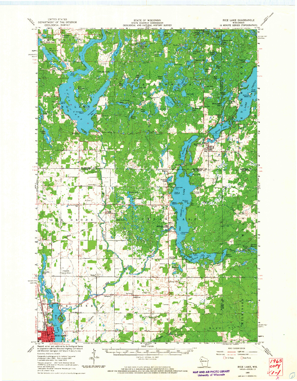 USGS 1:62500-SCALE QUADRANGLE FOR RICE LAKE, WI 1965