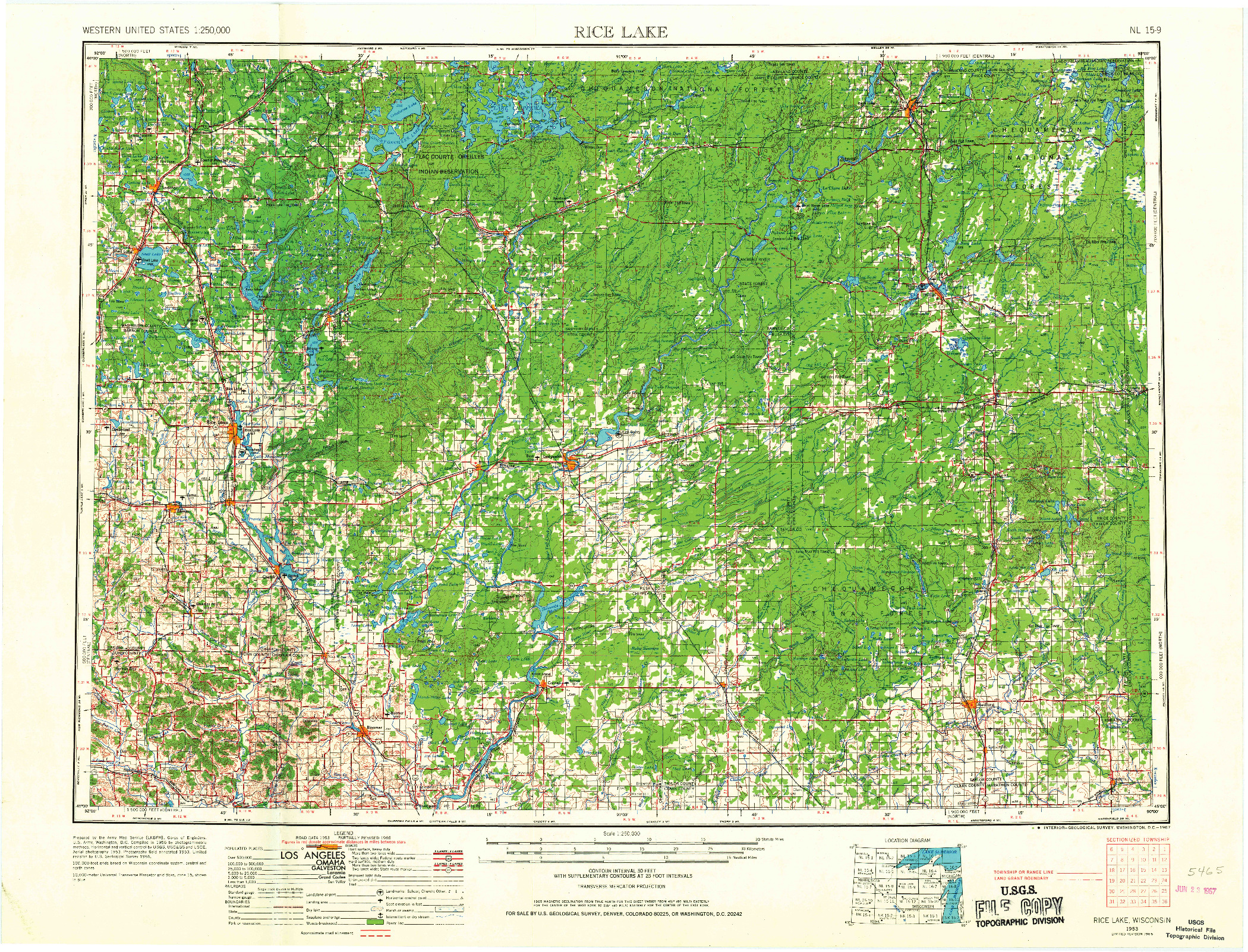 USGS 1:250000-SCALE QUADRANGLE FOR RICE LAKE, WI 1953