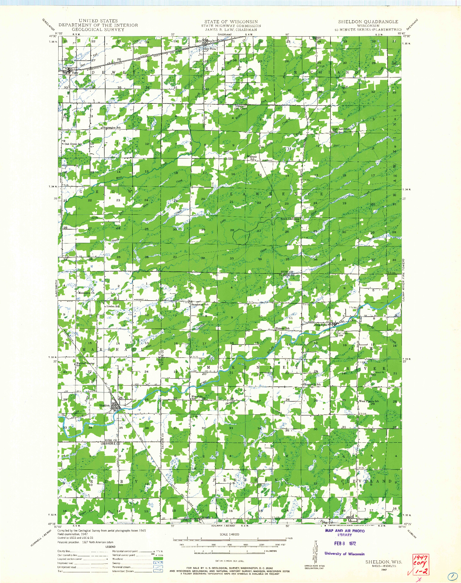 USGS 1:48000-SCALE QUADRANGLE FOR SHELDON, WI 1947