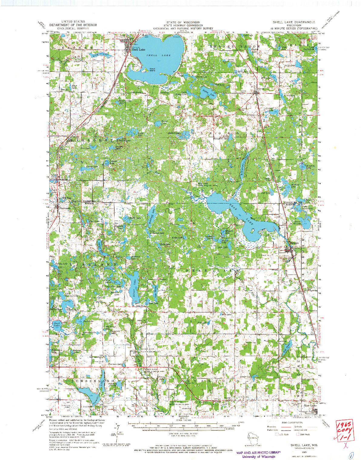 USGS 1:62500-SCALE QUADRANGLE FOR SHELL LAKE, WI 1965