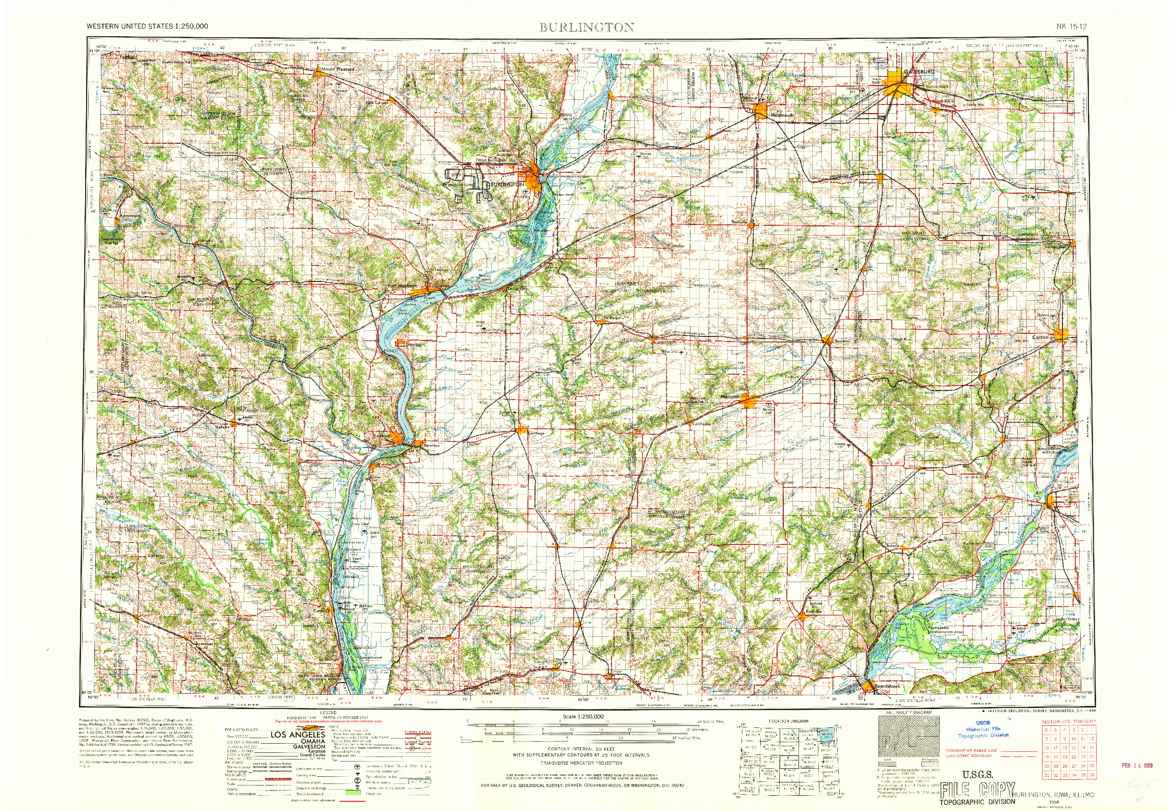 USGS 1:250000-SCALE QUADRANGLE FOR BURLINGTON, IA 1958