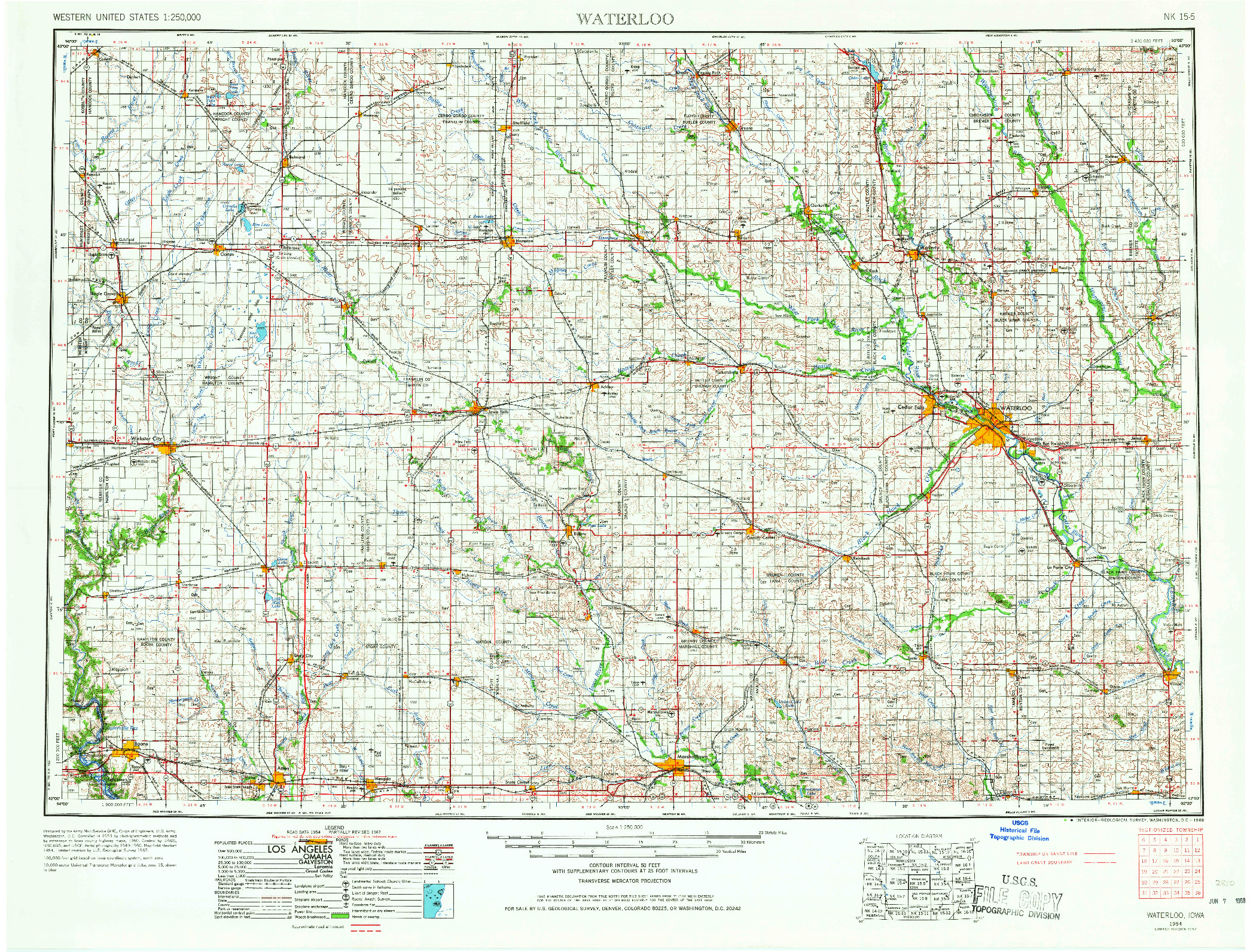 USGS 1:250000-SCALE QUADRANGLE FOR WATERLOO, IA 1954