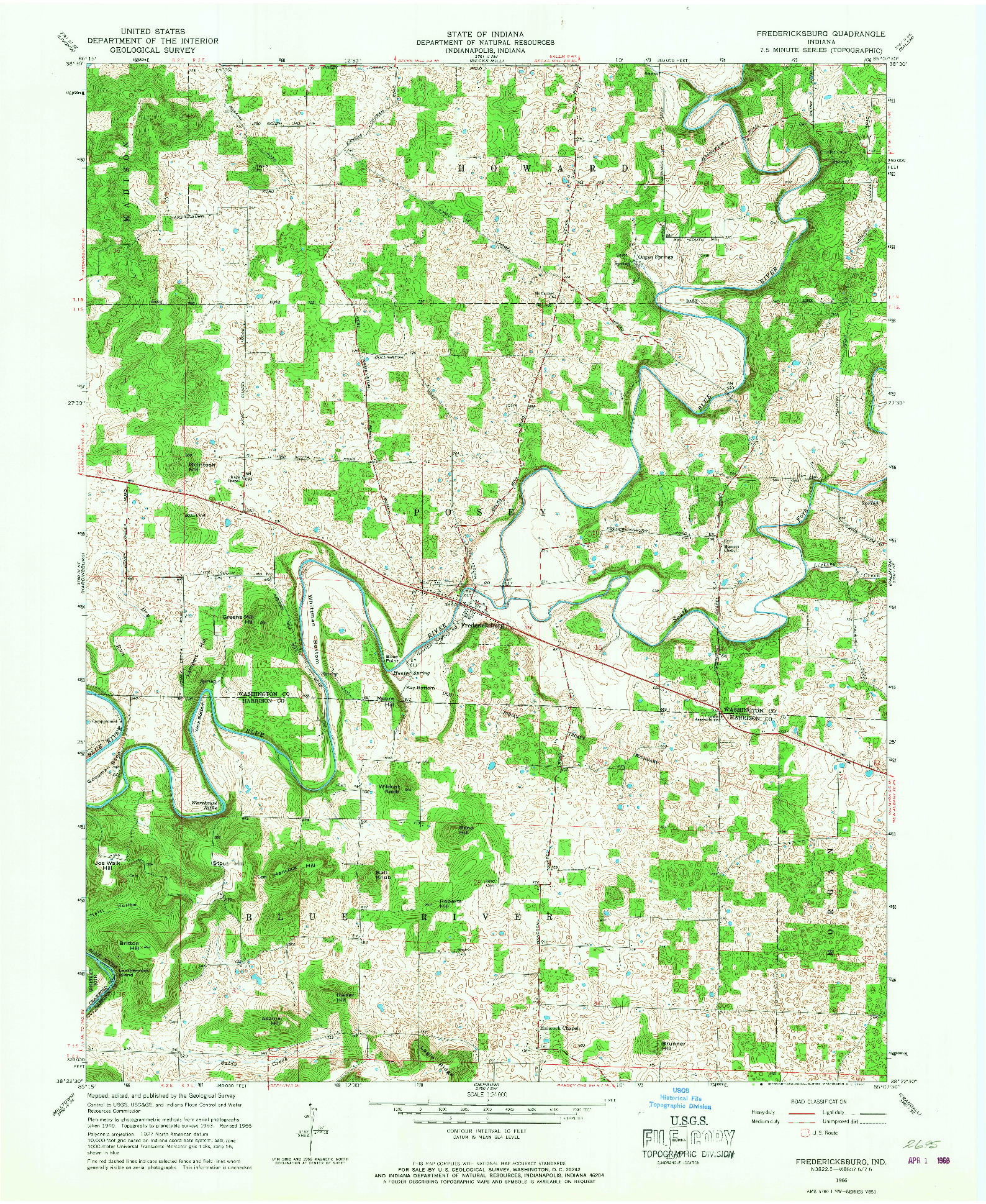 USGS 1:24000-SCALE QUADRANGLE FOR FREDERICKSBURG, IN 1966