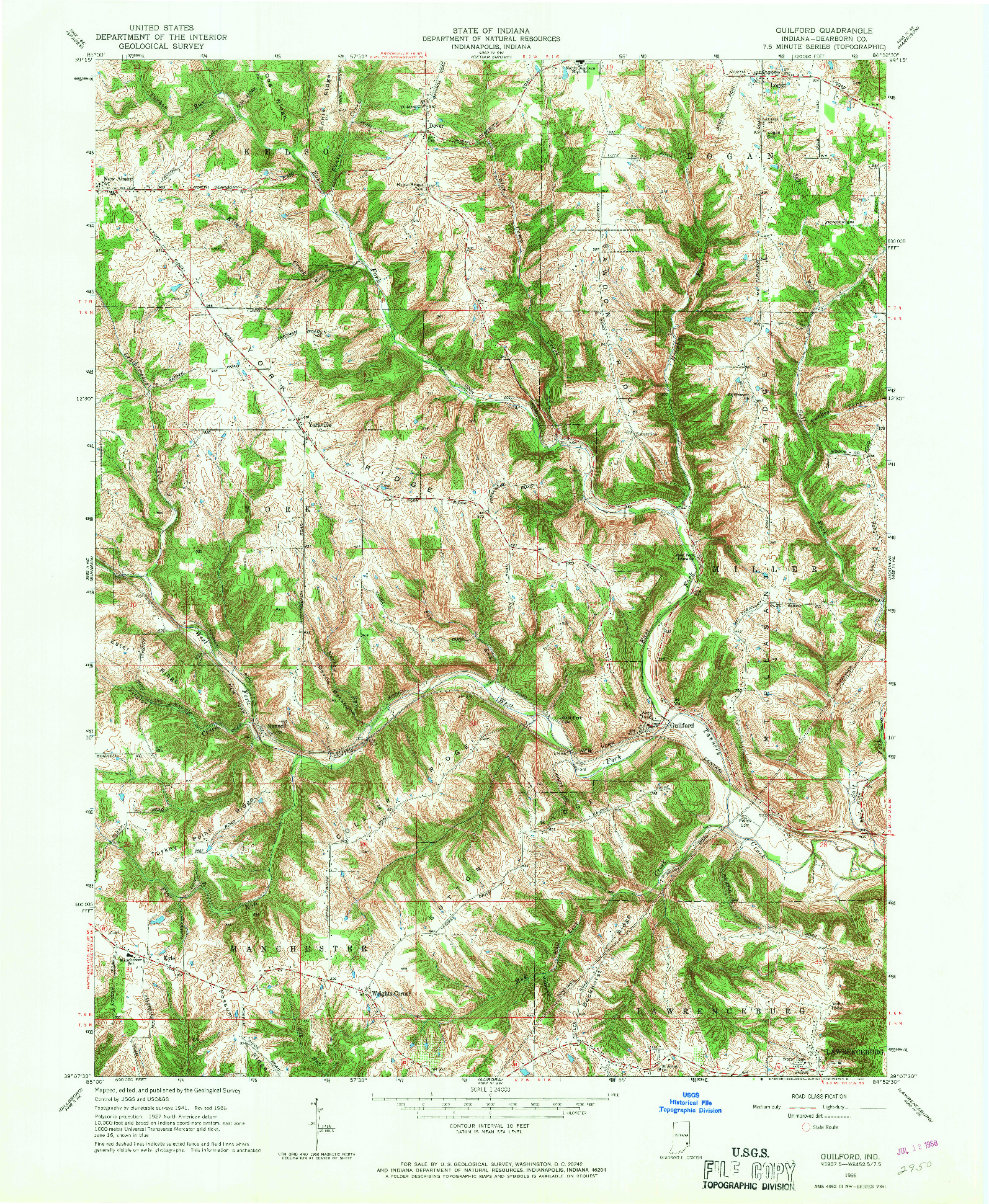 USGS 1:24000-SCALE QUADRANGLE FOR GUILFORD, IN 1966