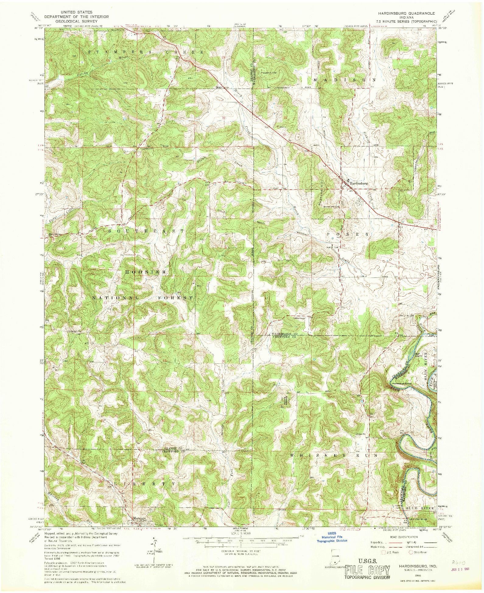 USGS 1:24000-SCALE QUADRANGLE FOR HARDINSBURG, IN 1966