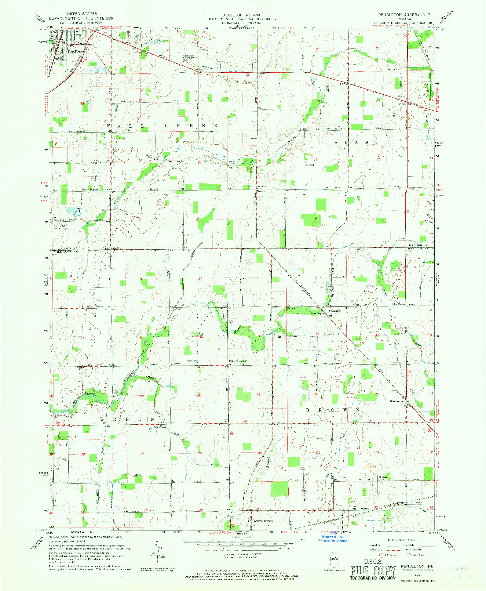 USGS 1:24000-SCALE QUADRANGLE FOR PENDLETON, IN 1966