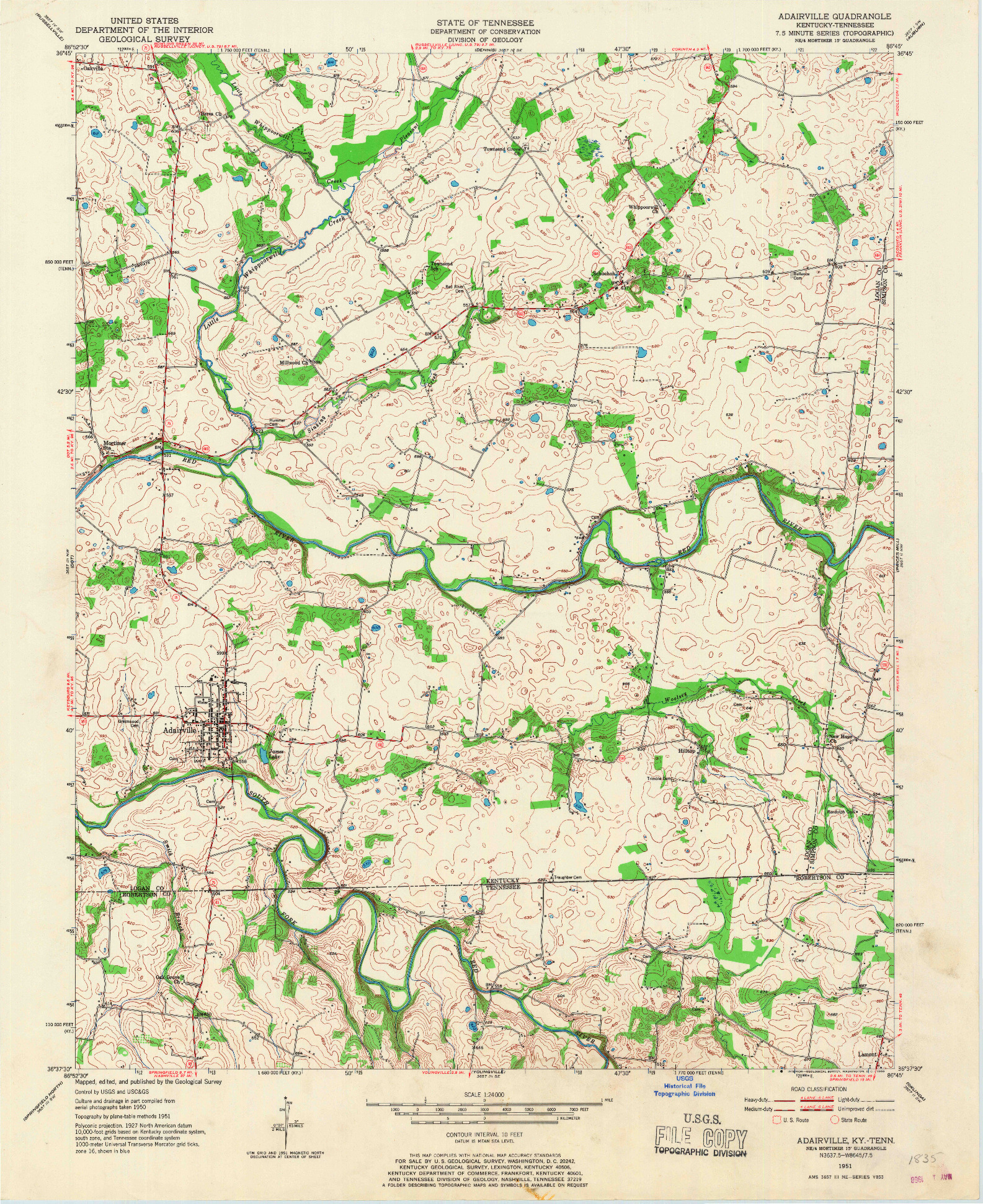 USGS 1:24000-SCALE QUADRANGLE FOR ADAIRVILLE, KY 1951