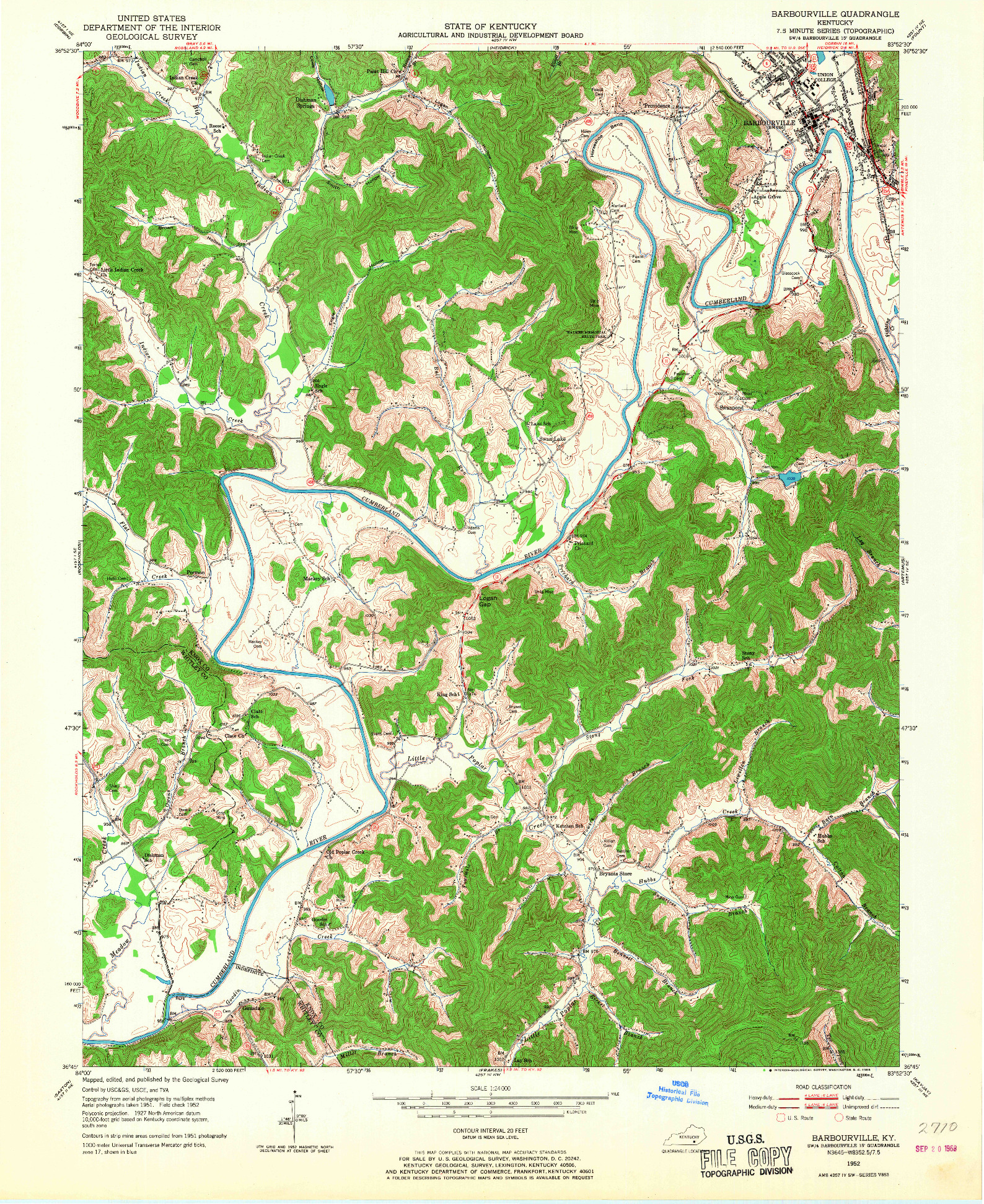 USGS 1:24000-SCALE QUADRANGLE FOR BARBOURVILLE, KY 1952