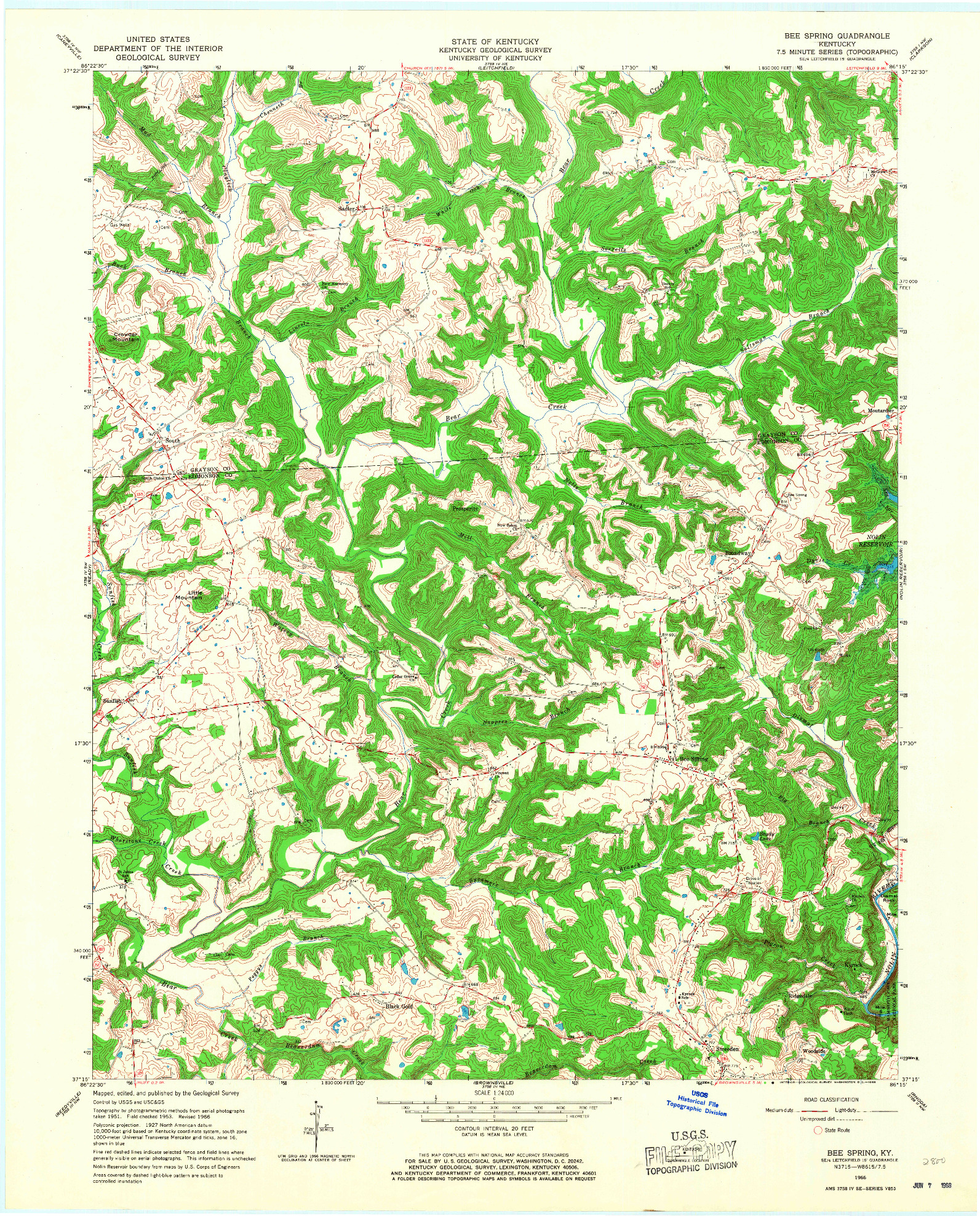 USGS 1:24000-SCALE QUADRANGLE FOR BEE SPRING, KY 1966