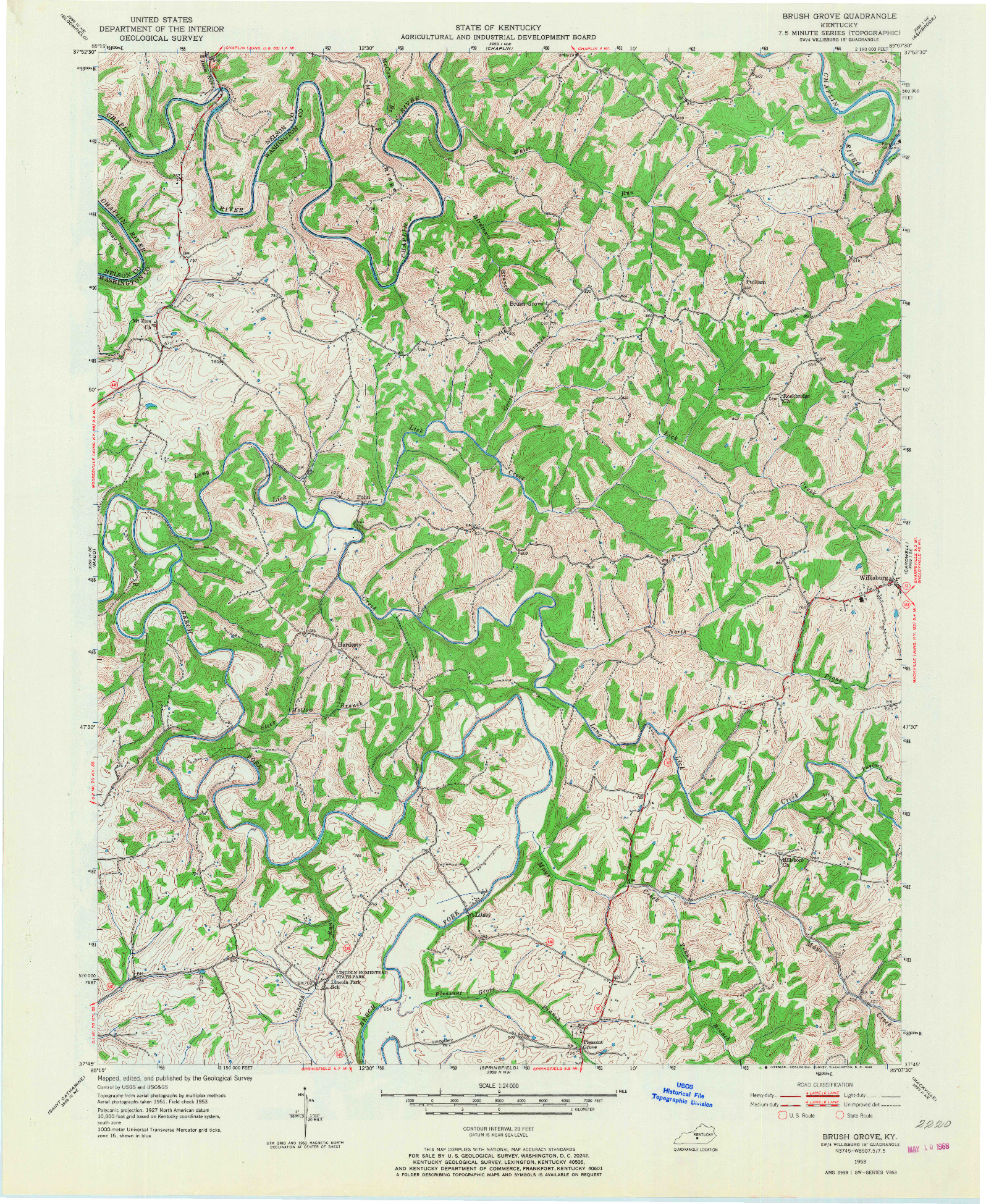 USGS 1:24000-SCALE QUADRANGLE FOR BRUSH GROVE, KY 1953