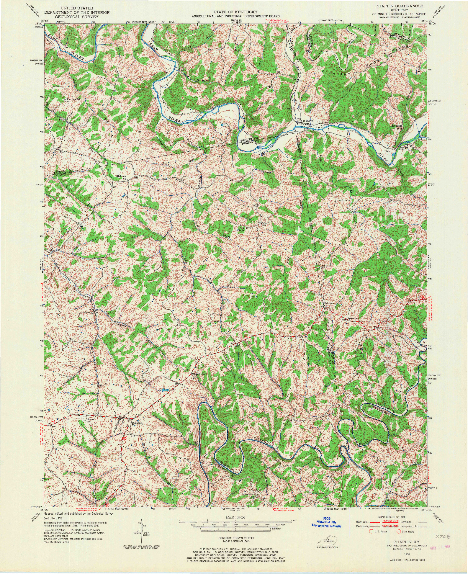 USGS 1:24000-SCALE QUADRANGLE FOR CHAPLIN, KY 1952