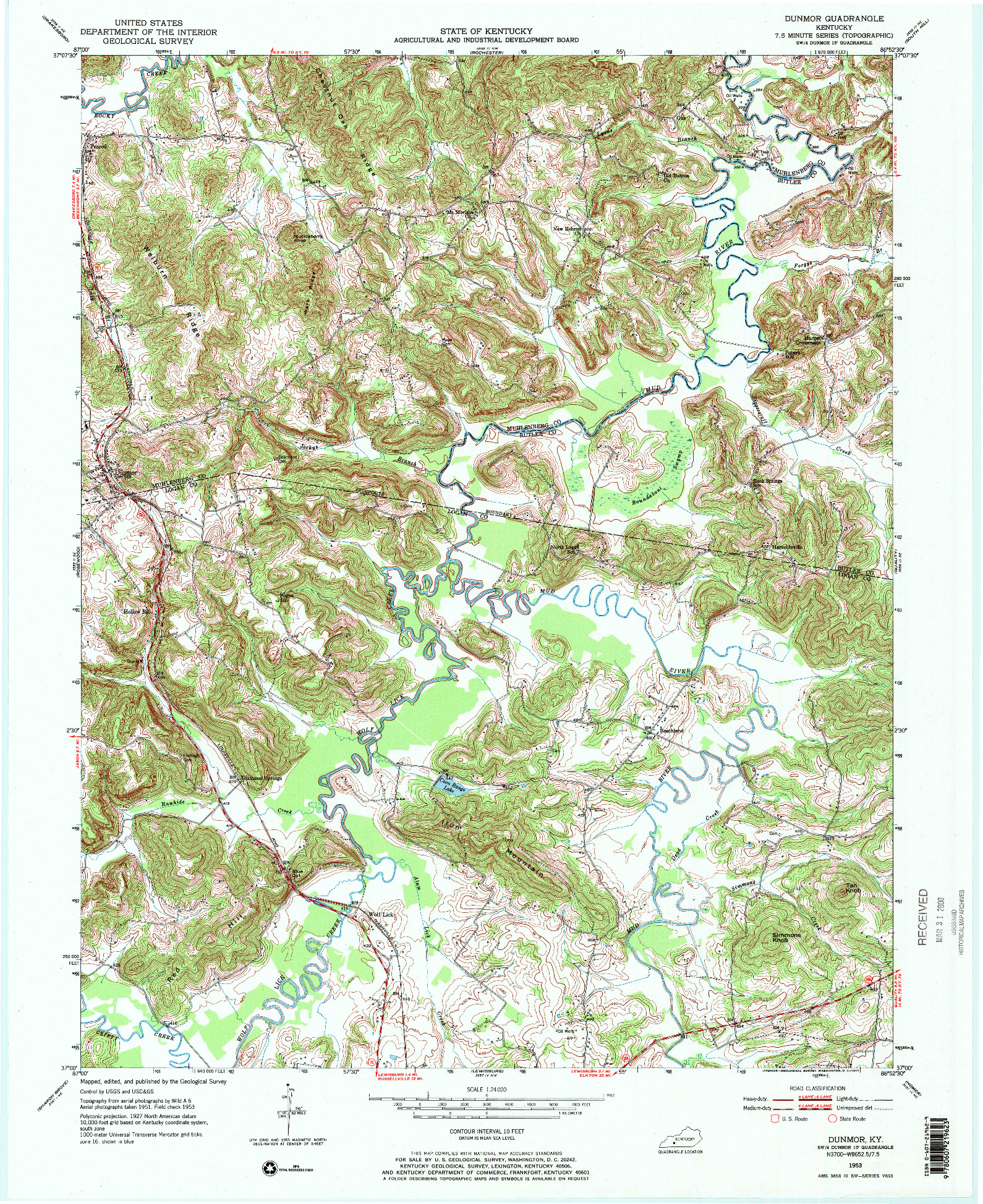USGS 1:24000-SCALE QUADRANGLE FOR DUNMOR, KY 1953