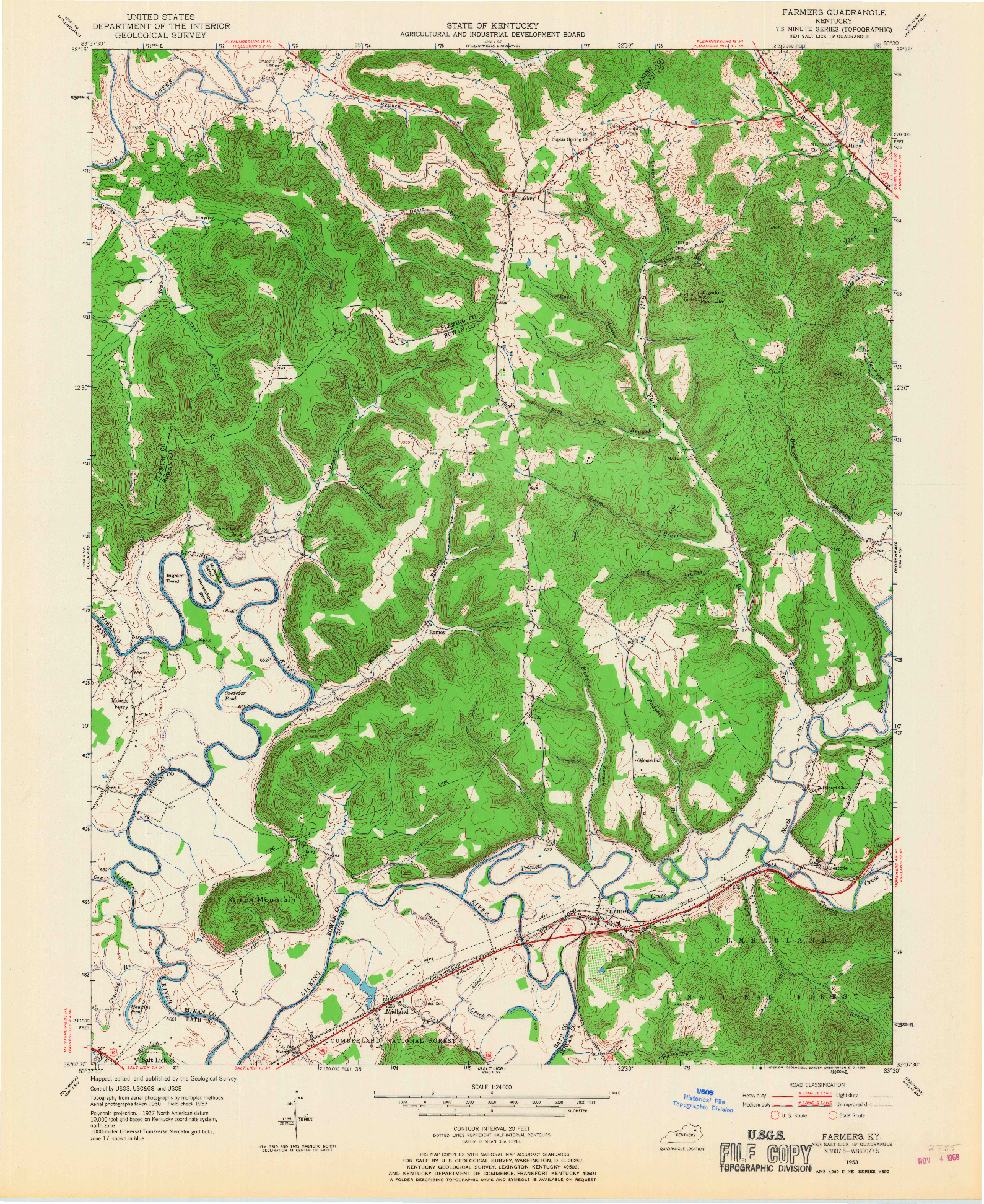 USGS 1:24000-SCALE QUADRANGLE FOR FARMERS, KY 1953