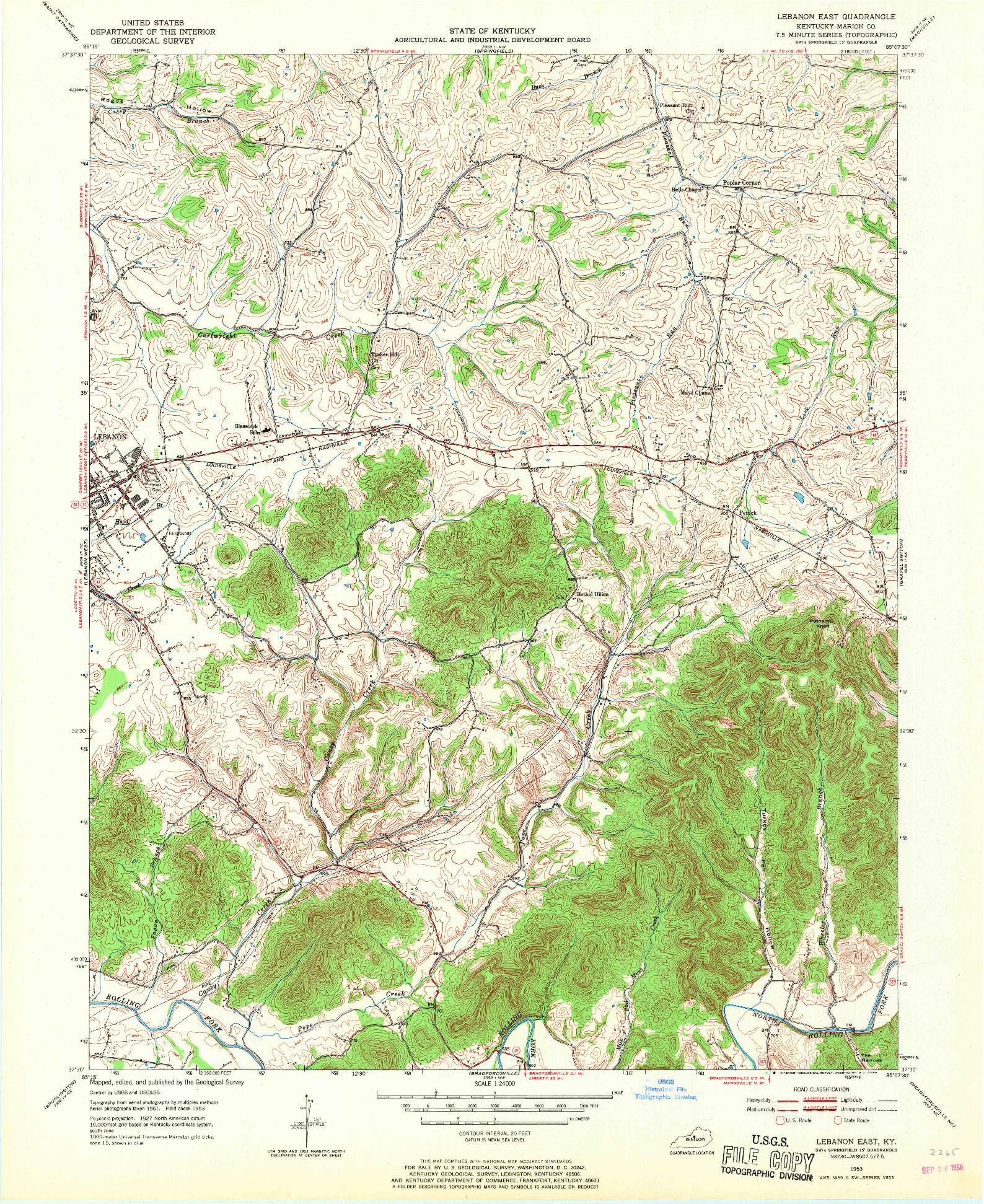 USGS 1:24000-SCALE QUADRANGLE FOR LEBANON EAST, KY 1953