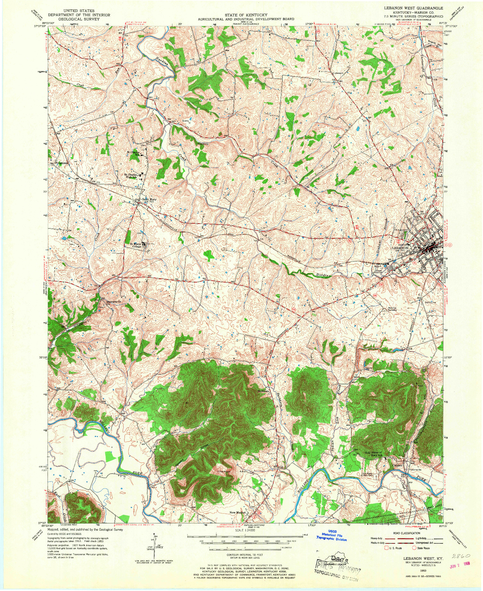 USGS 1:24000-SCALE QUADRANGLE FOR LEBANON WEST, KY 1953