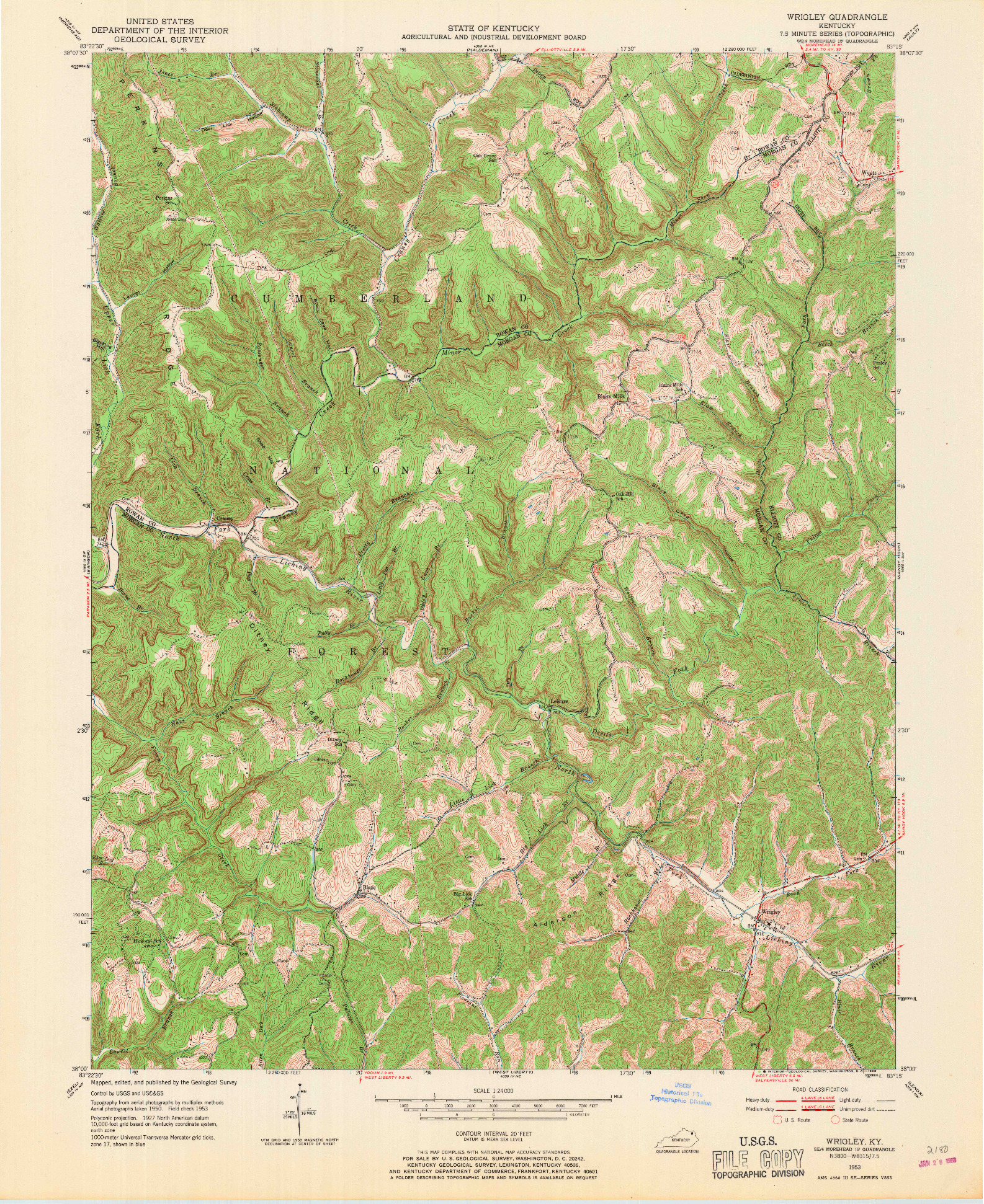 USGS 1:24000-SCALE QUADRANGLE FOR WRIGLEY, KY 1953