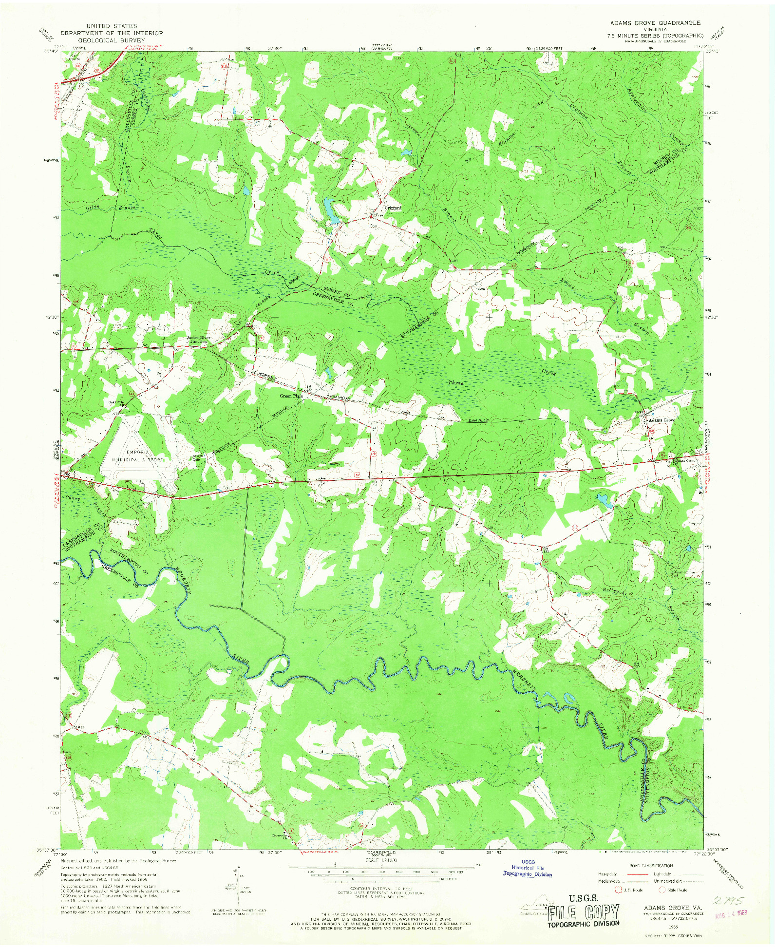 USGS 1:24000-SCALE QUADRANGLE FOR ADAMS GROVE, VA 1966