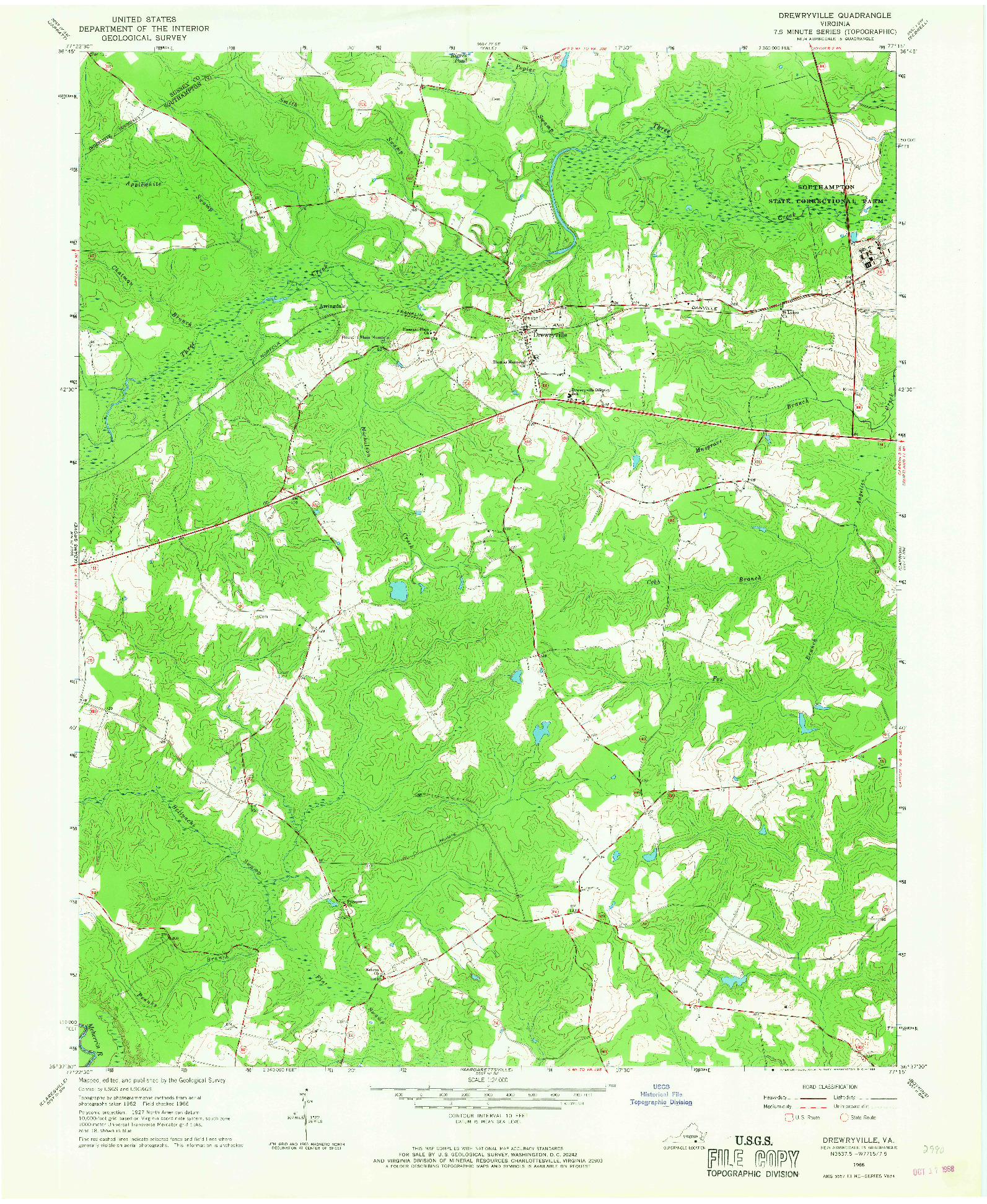 USGS 1:24000-SCALE QUADRANGLE FOR DREWRYVILLE, VA 1966