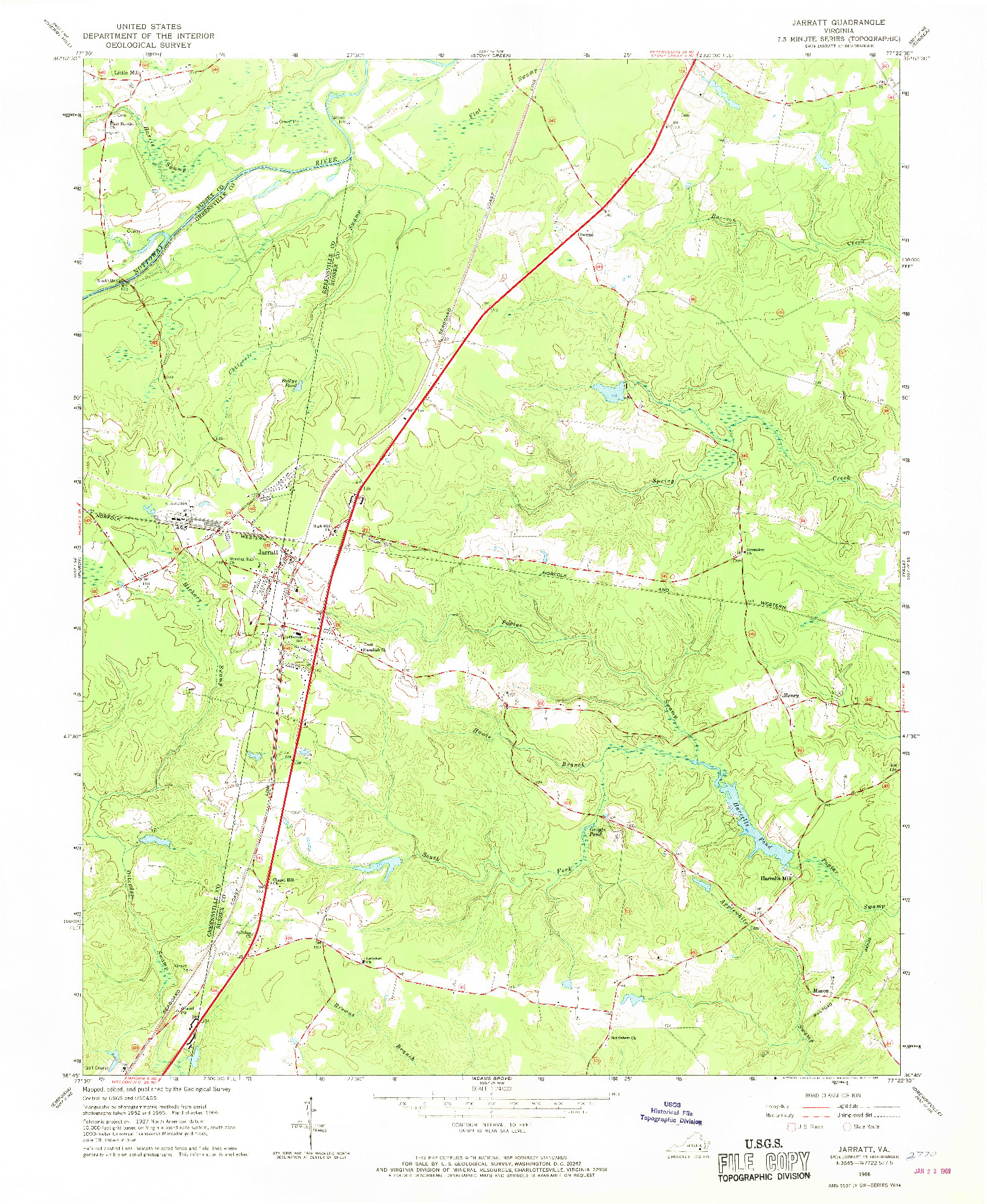 USGS 1:24000-SCALE QUADRANGLE FOR JARRATT, VA 1966
