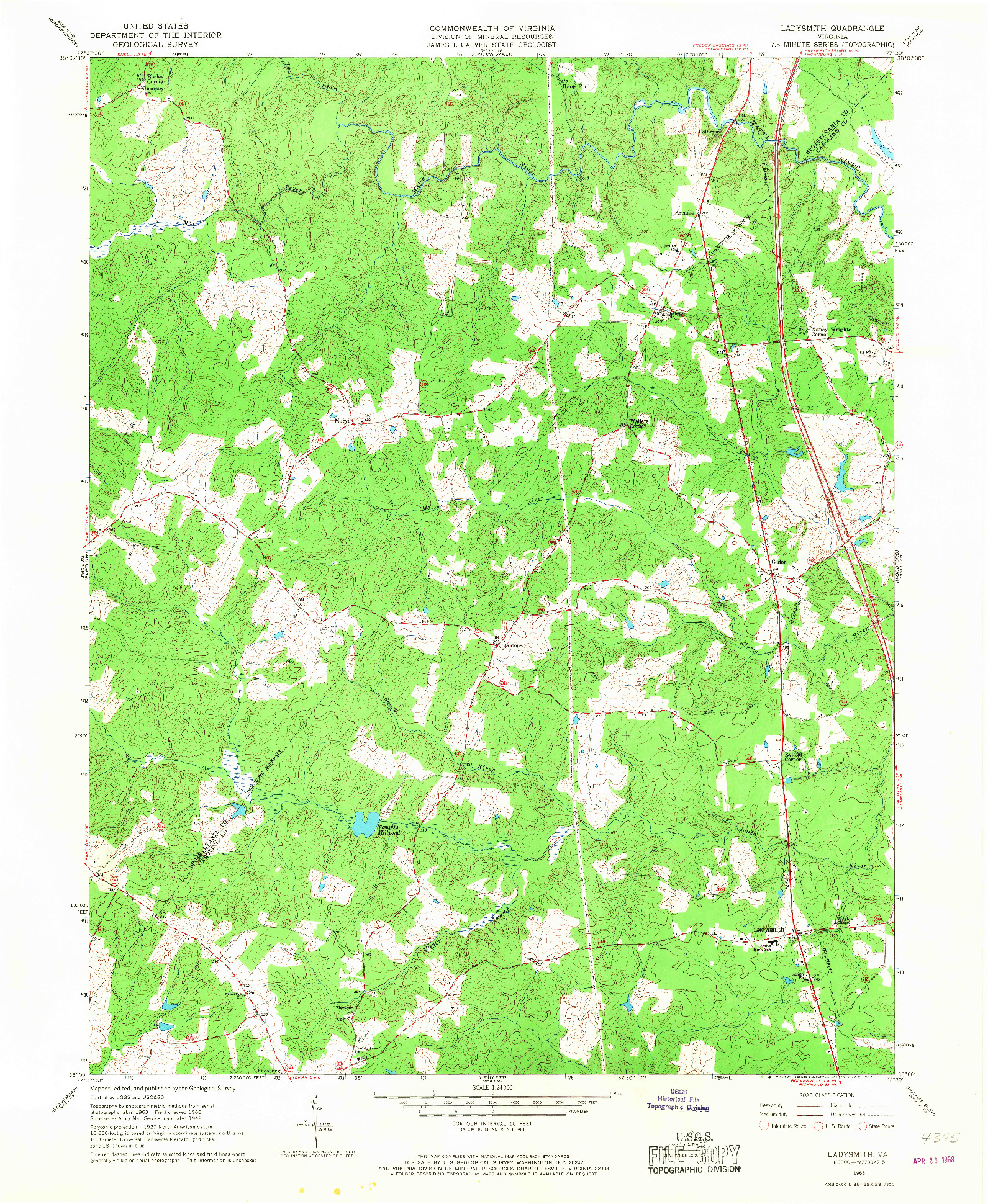 USGS 1:24000-SCALE QUADRANGLE FOR LADYSMITH, VA 1966