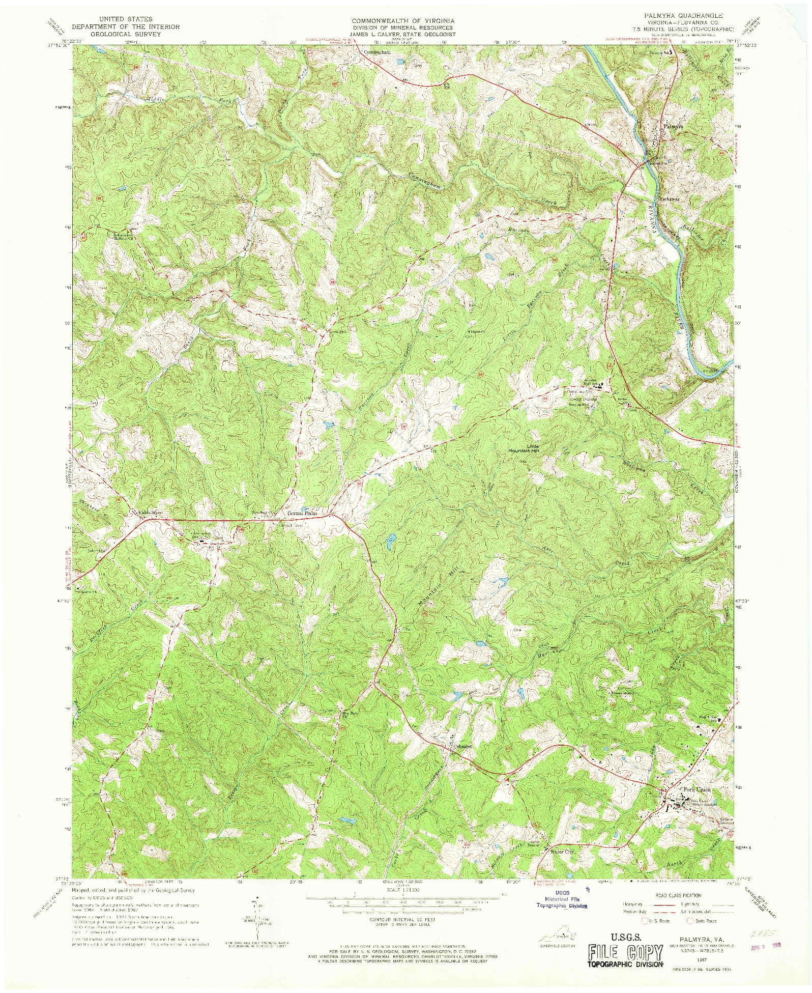 USGS 1:24000-SCALE QUADRANGLE FOR PALMYRA, VA 1967