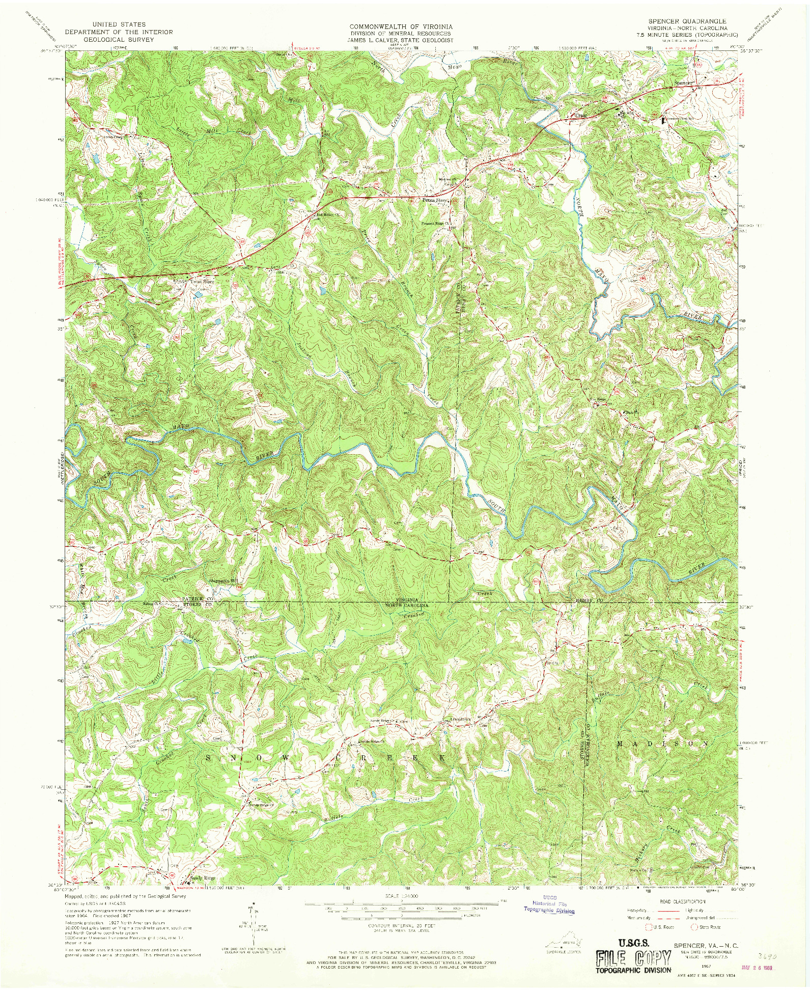 USGS 1:24000-SCALE QUADRANGLE FOR SPENCER, VA 1967