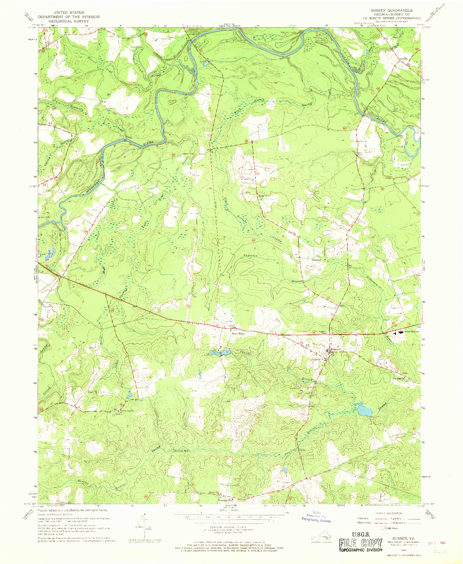 USGS 1:24000-SCALE QUADRANGLE FOR SUSSEX, VA 1967