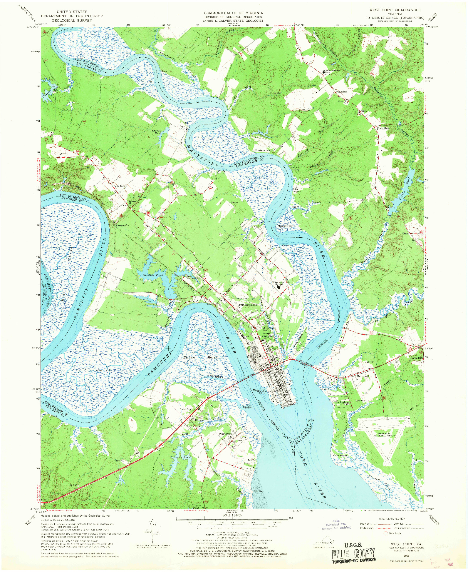 USGS 1:24000-SCALE QUADRANGLE FOR WEST POINT, VA 1965