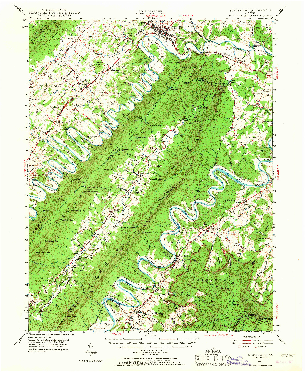 USGS 1:62500-SCALE QUADRANGLE FOR STRASBURG, VA 1947