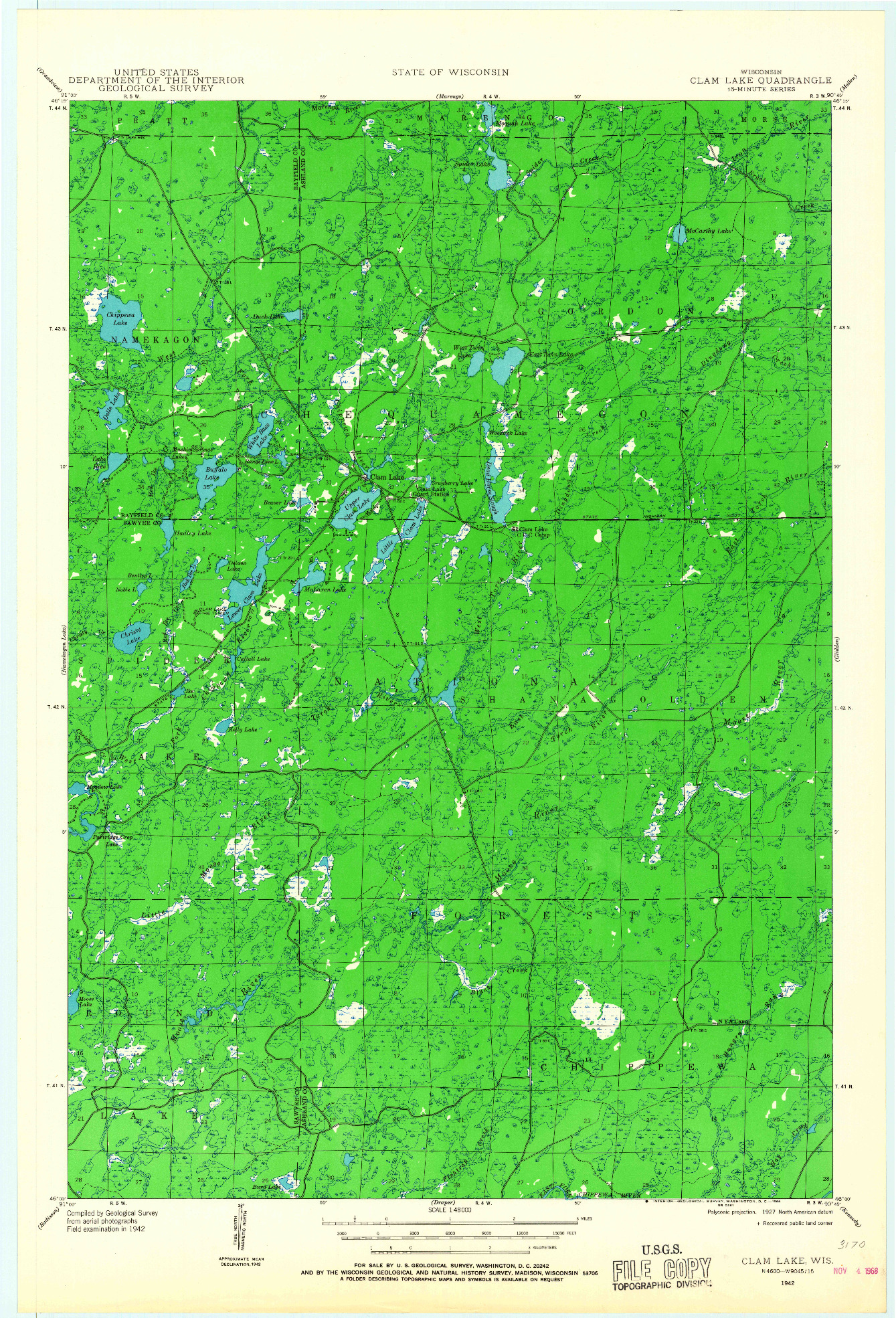 USGS 1:48000-SCALE QUADRANGLE FOR CLAM LAKE, WI 1942