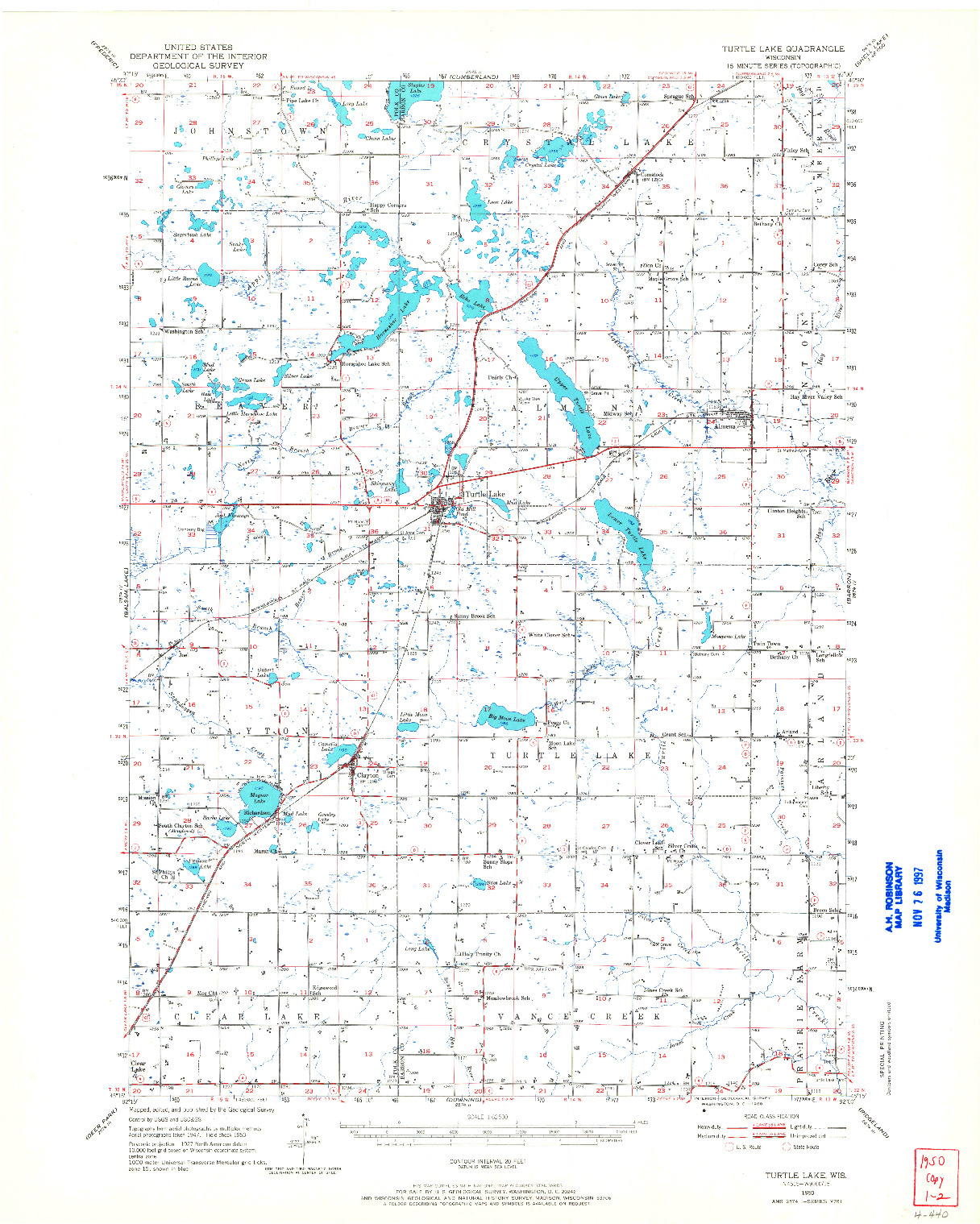 USGS 1:62500-SCALE QUADRANGLE FOR TURTLE LAKE, WI 1950