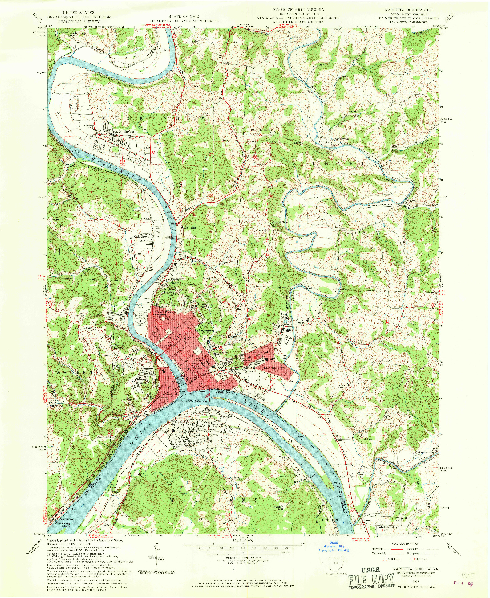 USGS 1:24000-SCALE QUADRANGLE FOR MARIETTA, OH 1957