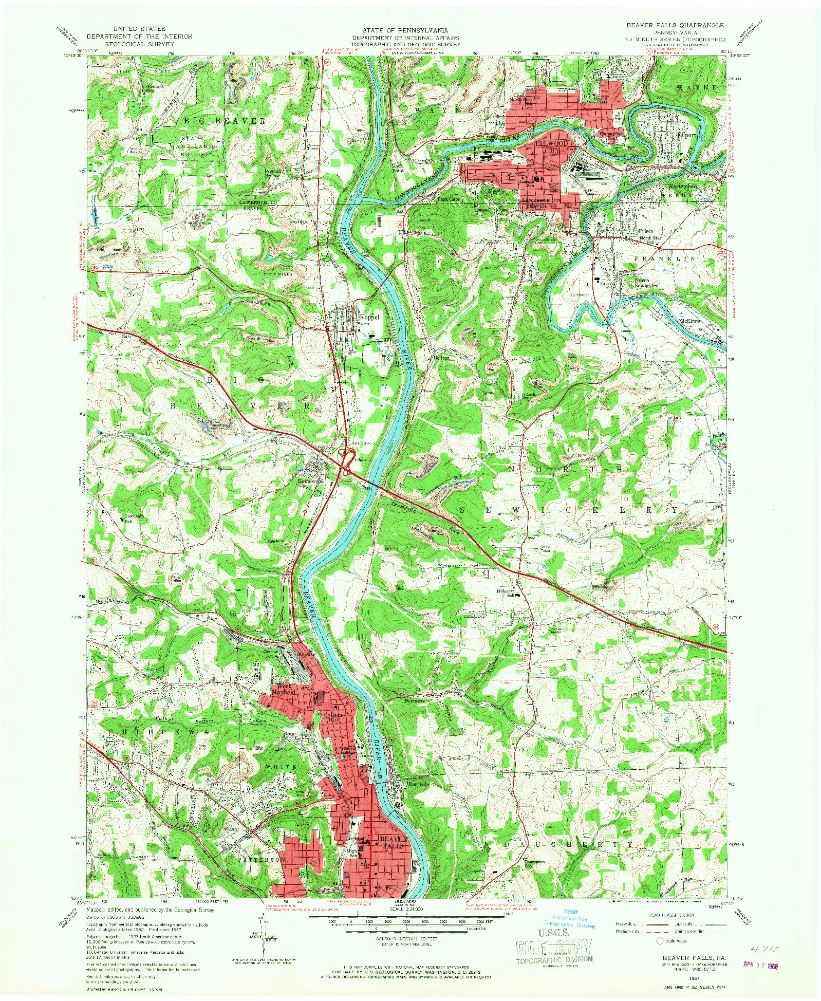 USGS 1:24000-SCALE QUADRANGLE FOR BEAVER FALLS, PA 1957