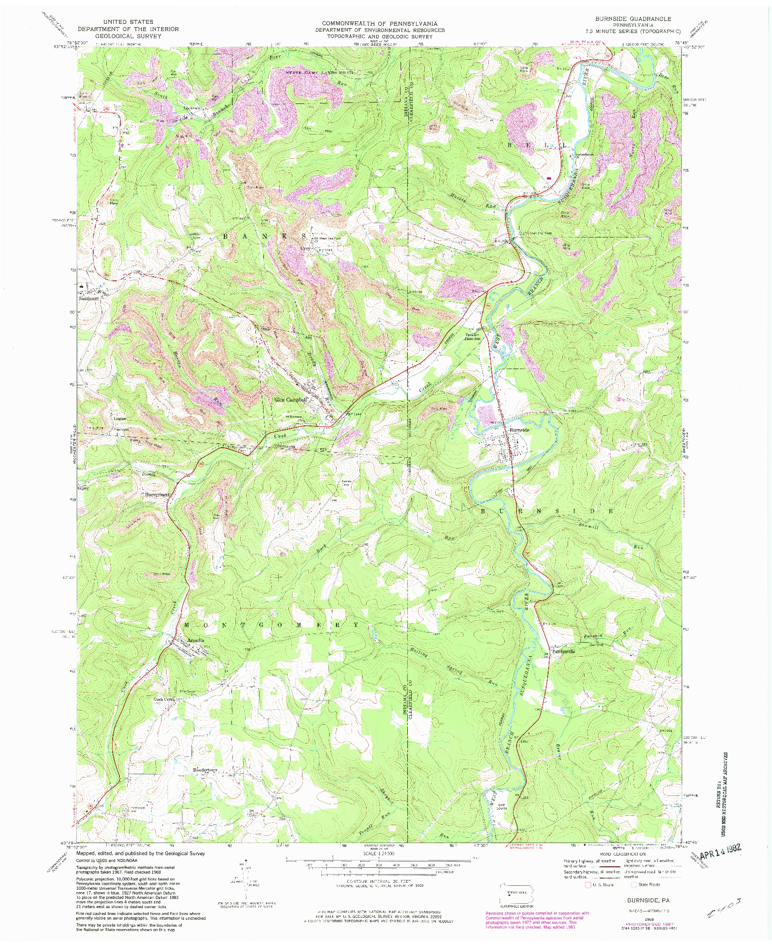 USGS 1:24000-SCALE QUADRANGLE FOR BURNSIDE, PA 1968