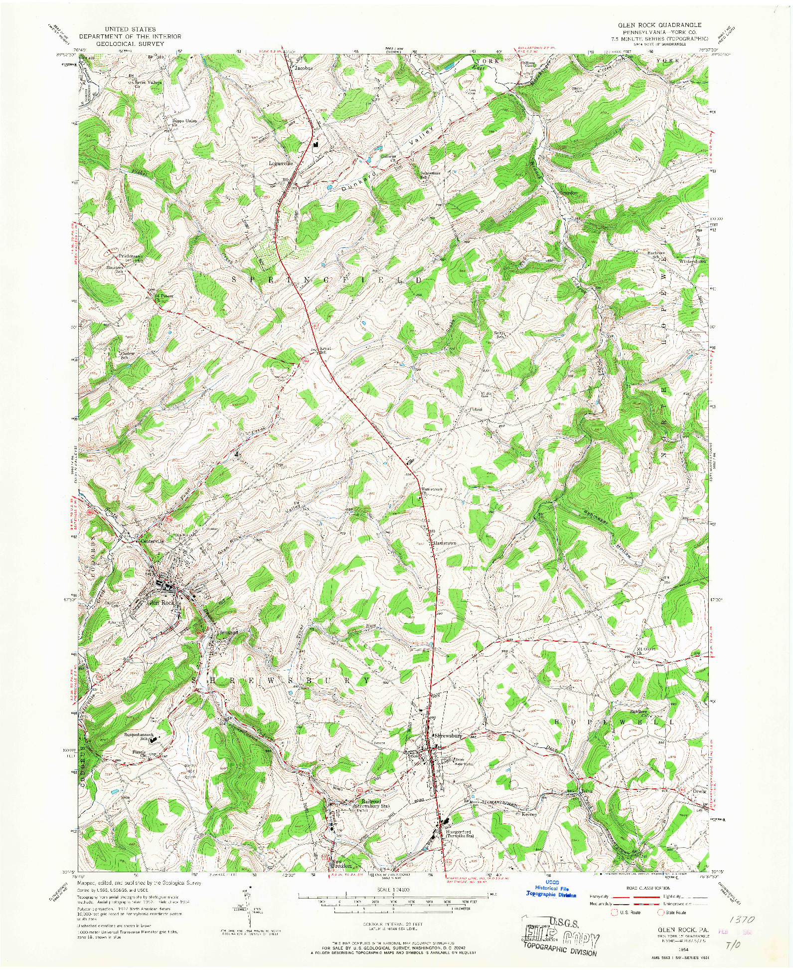 USGS 1:24000-SCALE QUADRANGLE FOR GLEN ROCK, PA 1954