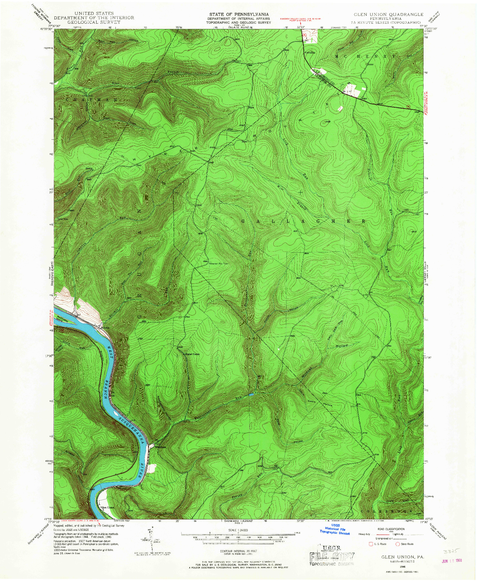 USGS 1:24000-SCALE QUADRANGLE FOR GLEN UNION, PA 1946