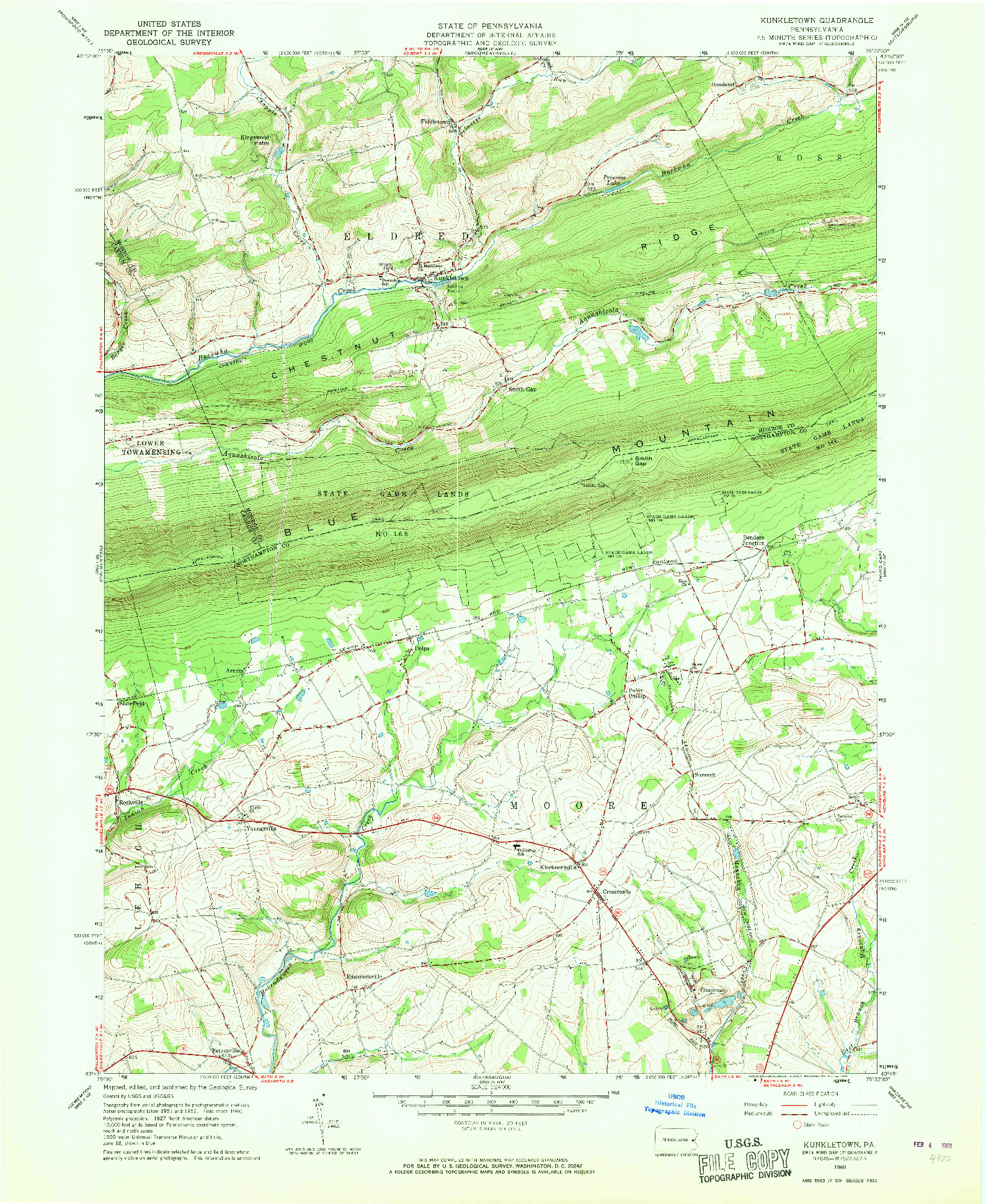 USGS 1:24000-SCALE QUADRANGLE FOR KUNKLETOWN, PA 1960